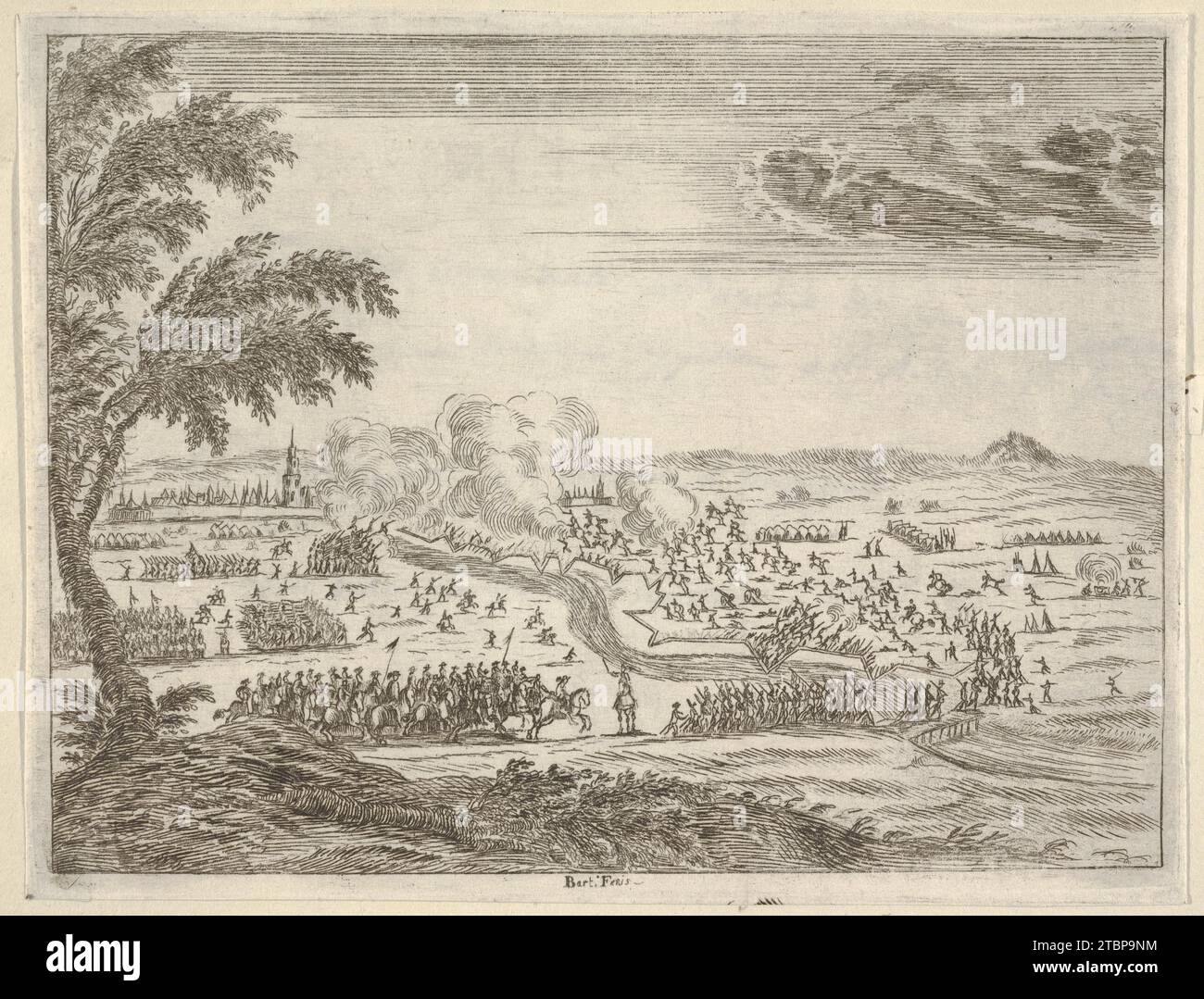 Francesco I d'Este macht sich auf den Weg zur Seige von Cremona, überquert den Graben zwischen sich und den Spaniern und erobert die Stadt mit großer Macht, von L'idea di un Principe Ed Eroe Cristiano in Francesco i d'Este, di Modena e Reggio Duca VIII [...] 1959 von Bartolomeo Fenice (Fenis) Stockfoto