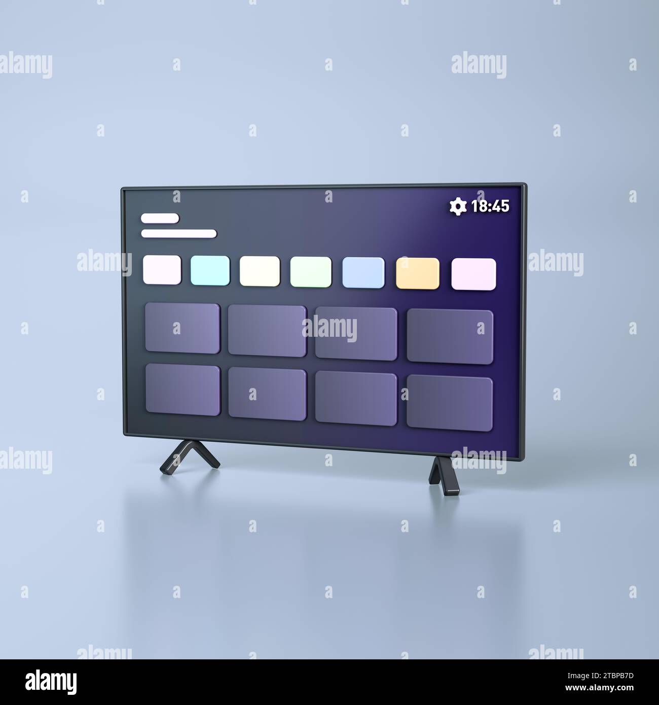 Minimale Smart TV-Schnittstelle isoliert über weichem blauem Hintergrund. Symbole Für Video Streaming Web Service Apps. Technologiekonzept. Abbildung 3D-Rendering. Stockfoto