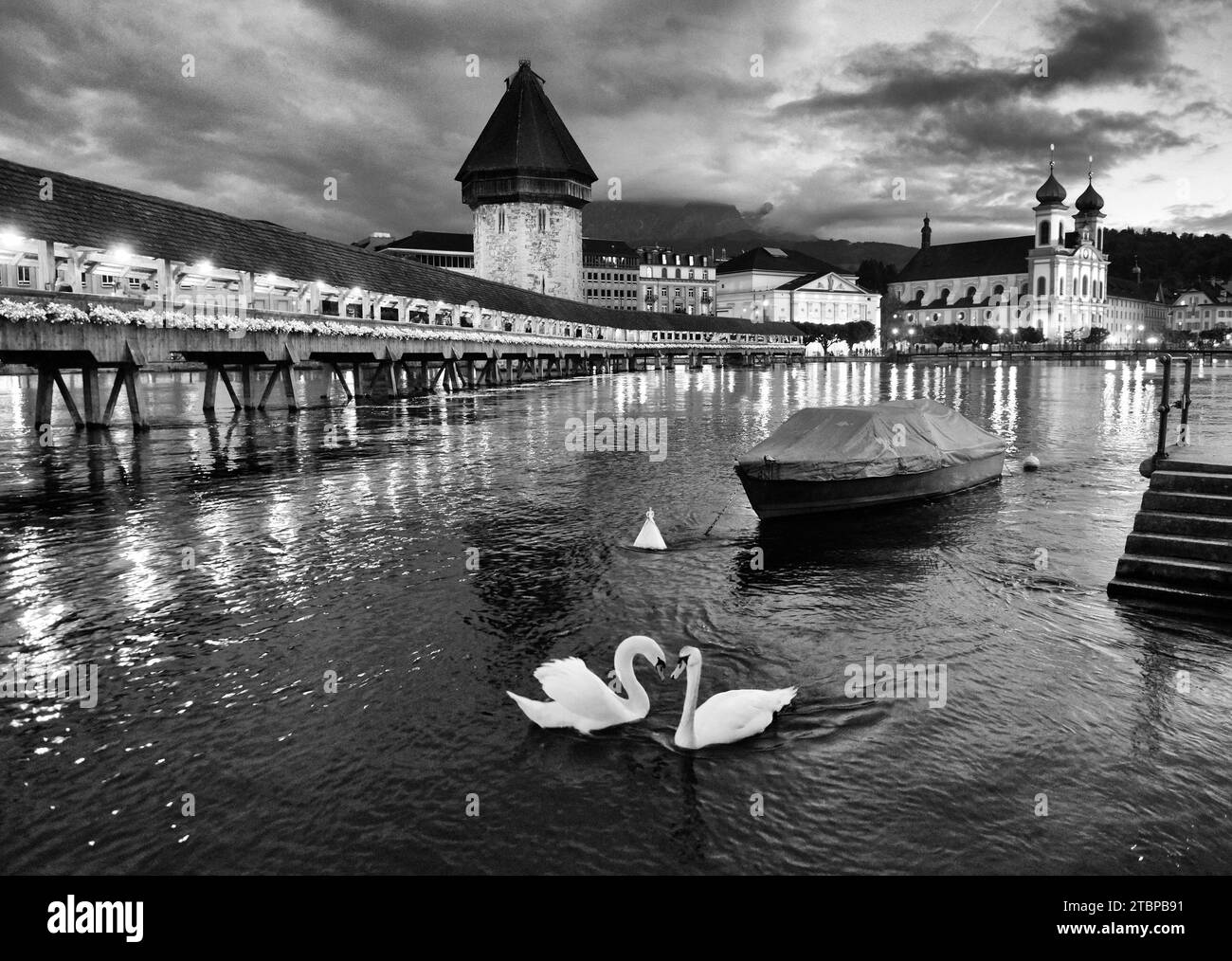 Kapellbrücke und dem Wasserturm bei Nacht mit Schwänen auf dem Vierwaldstättersee, Luzern, Schweiz Stockfoto