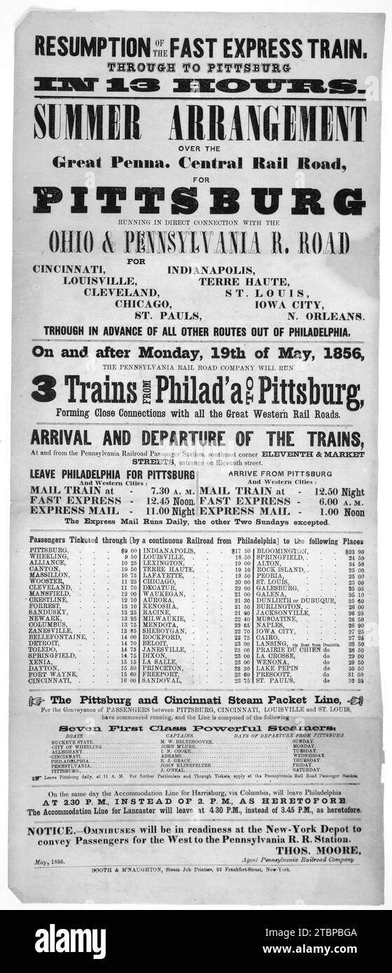 Wiederaufnahme des Schnellzuges nach Pittsburg in 13 Stunden. Sommerarrangements über die große Penna. Zentrale Eisenbahnstraße, nach Pittsburg, 1856 Stockfoto