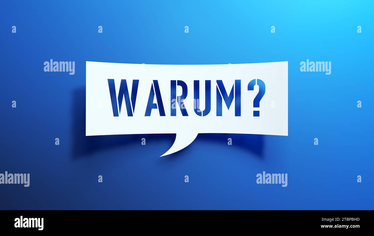 Warum? - Sprechblase. Deutsche Sprache. Minimalistisches abstraktes Design mit weißem Papier auf blauem Hintergrund. 3D-Rendering. Stockfoto