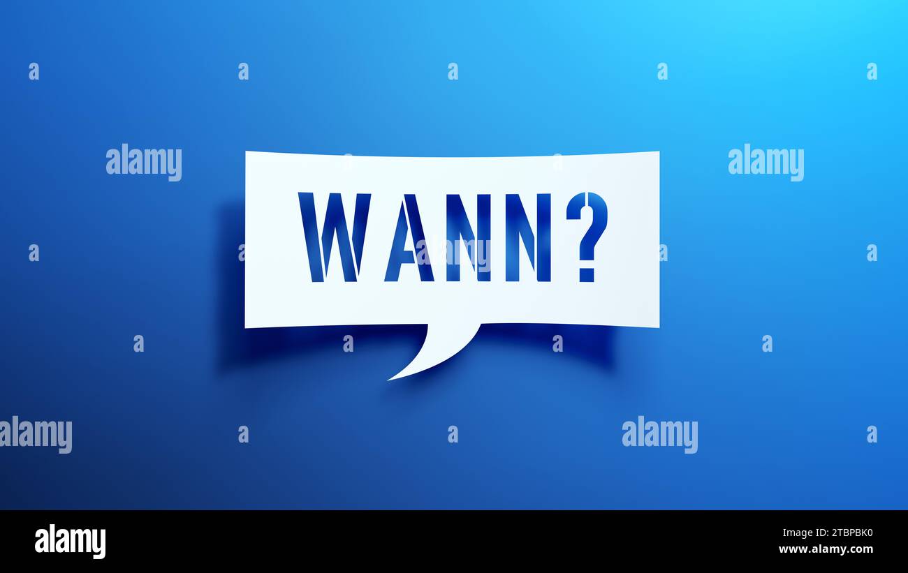 Wann? - Sprechblase. Deutsche Sprache. Minimalistisches abstraktes Design mit weißem Papier auf blauem Hintergrund. 3D-Rendering. Stockfoto