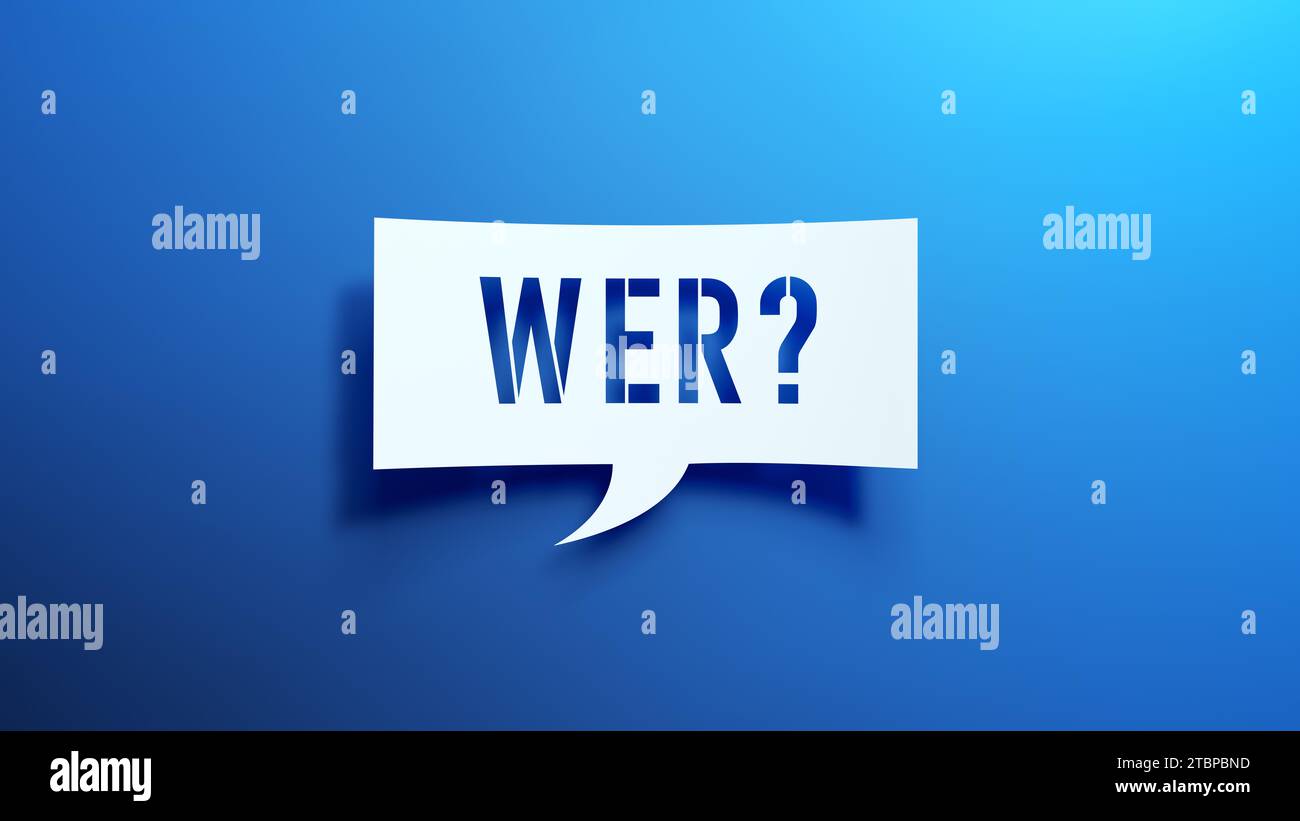 Wer? - Sprechblase. Deutsche Sprache. Minimalistisches abstraktes Design mit weißem Papier auf blauem Hintergrund. 3D-Rendering. Stockfoto