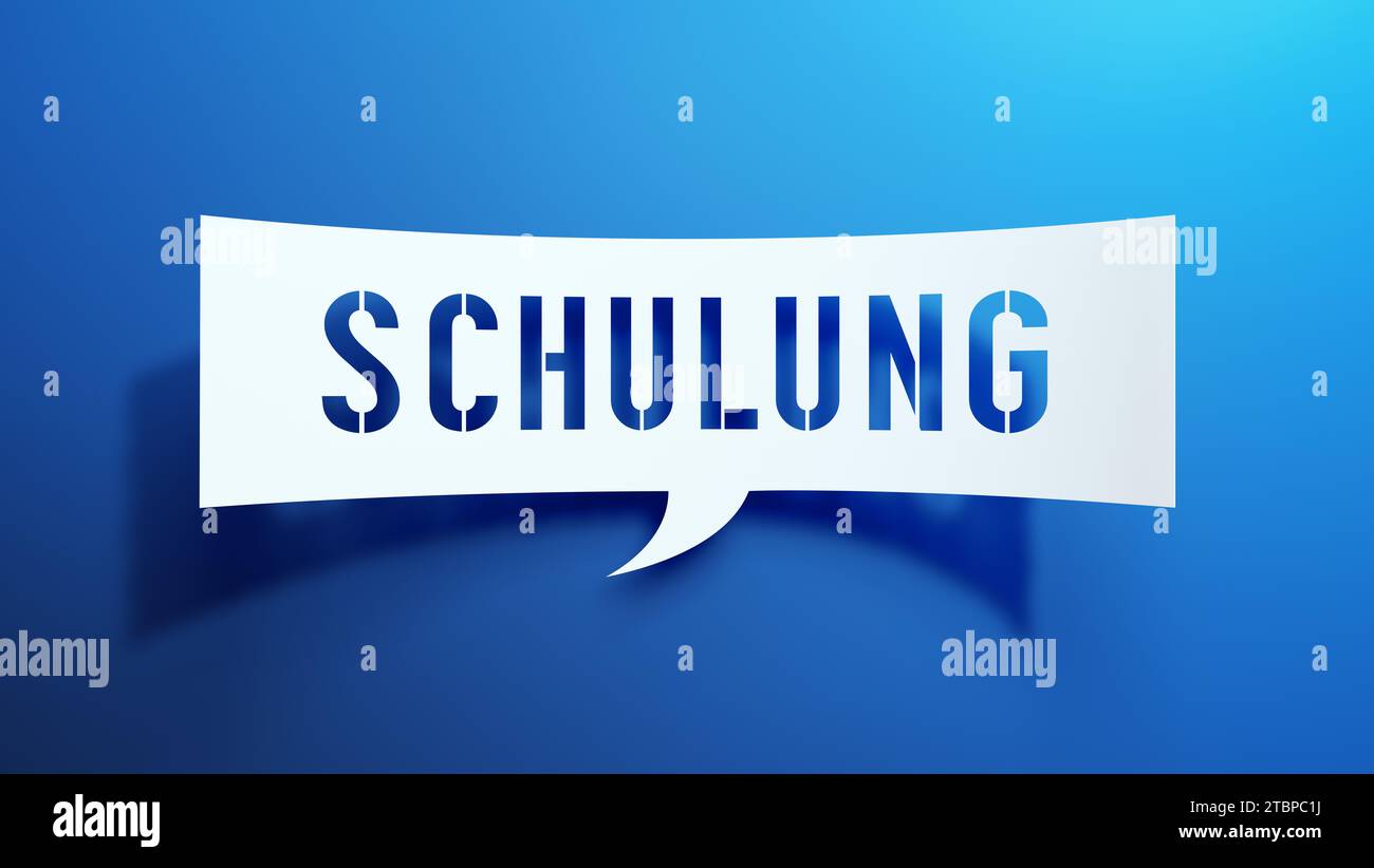 Schulung – Sprechblase. Deutsche Sprache. Minimalistisches abstraktes Design mit weißem Papier auf blauem Hintergrund. 3D-Rendering. Stockfoto