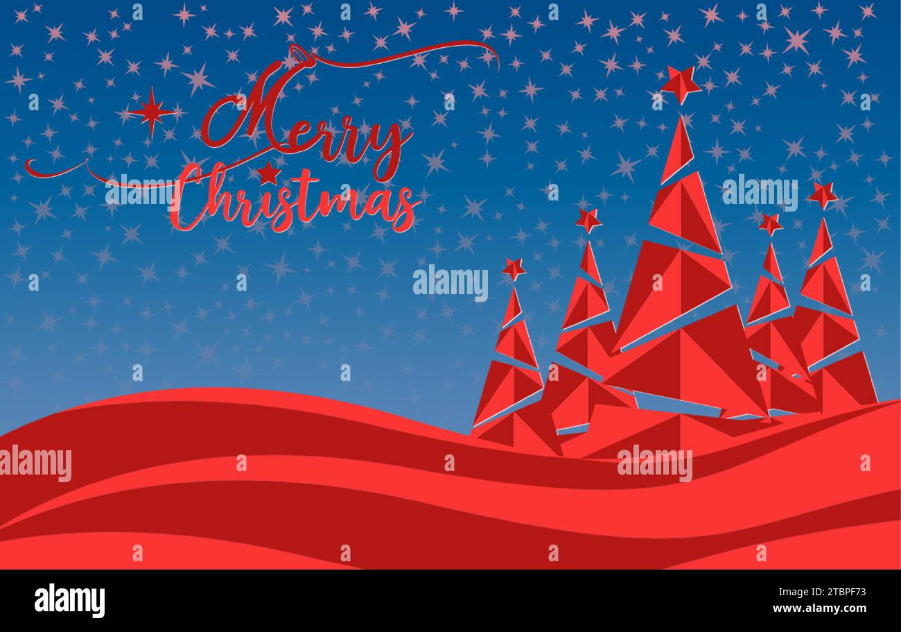 Winterlandschaft mit abstraktem Baumbanner und frohen Weihnachtsgrüßen. Feiertagsnetz Roter Hintergrund mit blauem Sternenhimmel, GIF-Karte Stock Vektor