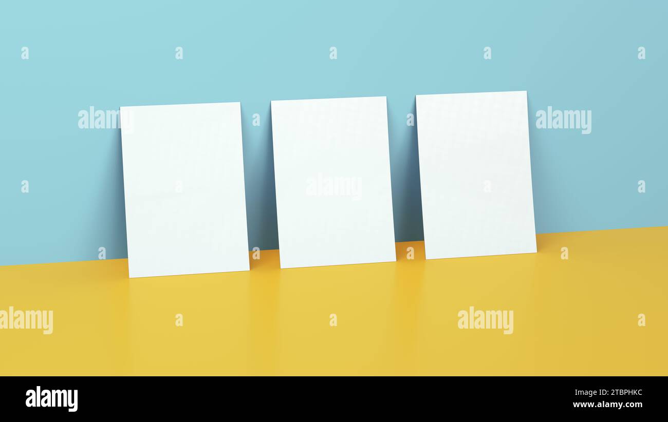 Drei weiße Poster Mockups auf blauem und gelbem Hintergrund mit Reflexion. Vorlage, Modell. Abbildung 3D-Rendering. Stockfoto