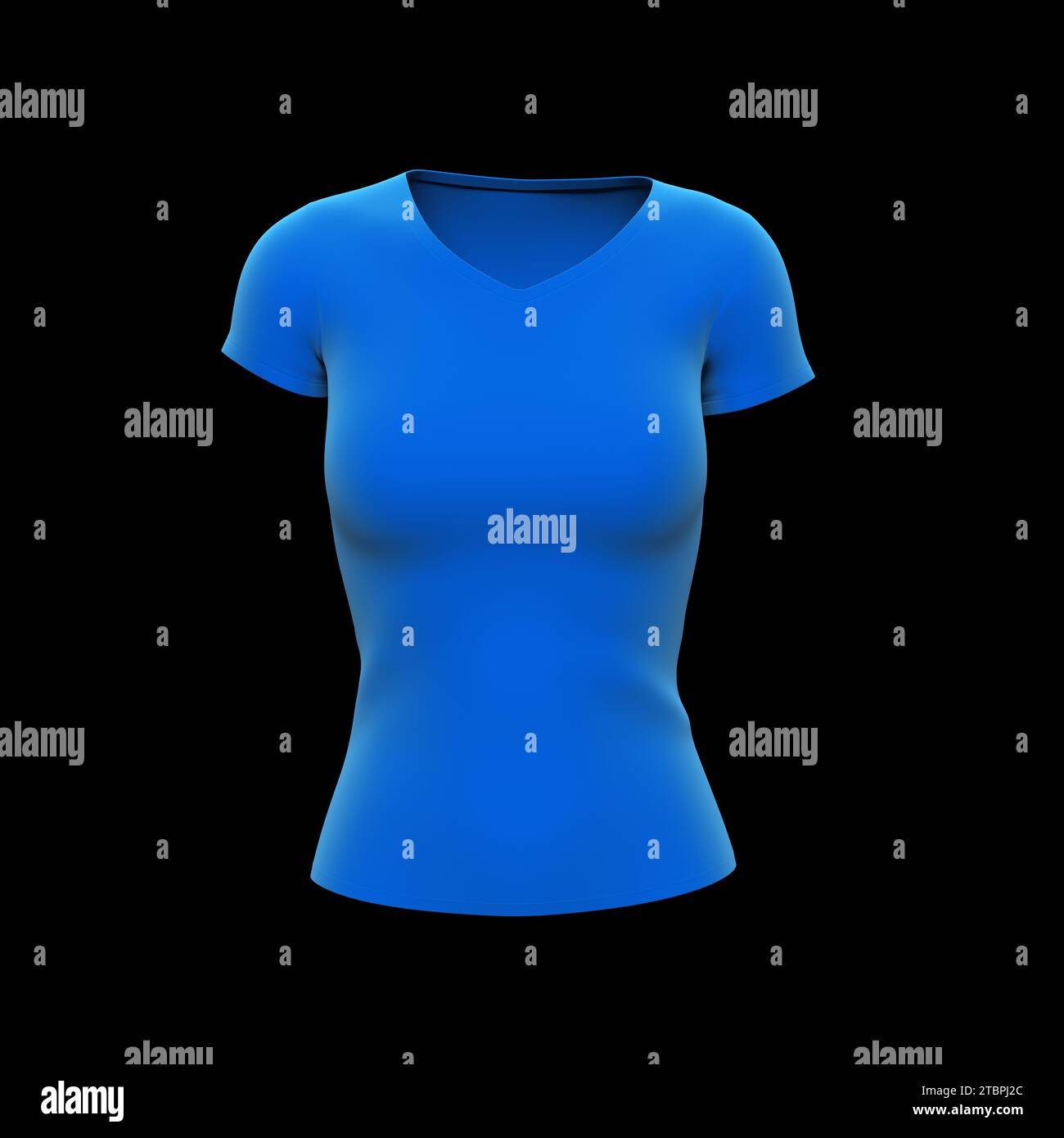Blaues Damen-T-Shirt isoliert über schwarzem Hintergrund. Kreatives Layout. Modell und Platz für Text- und Logounternehmen. Geschäftskonzept. 3D-Rendering Stockfoto