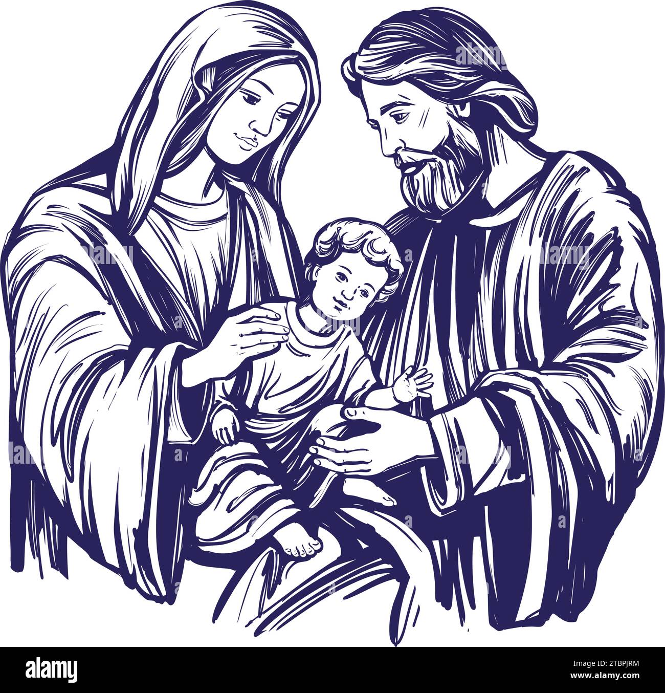 Frohe Weihnachten. Weihnachtsgeschichte. Maria, Joseph und das Jesuskind, Sohn Gottes, Symbol des Christentums handgezeichnete Vektor-Illustration. Stock Vektor