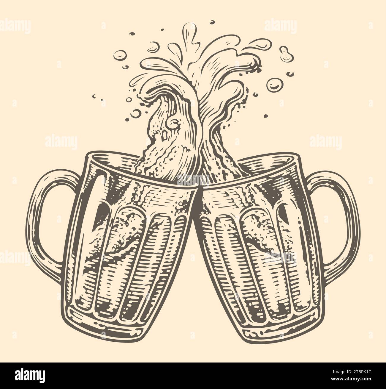 Zwei Tassen Bier klirren mit einem Spritzer Schaum in Toast. Vektor-Illustration für Menü-Design für Pub-Restaurant-Brauerei Stock Vektor