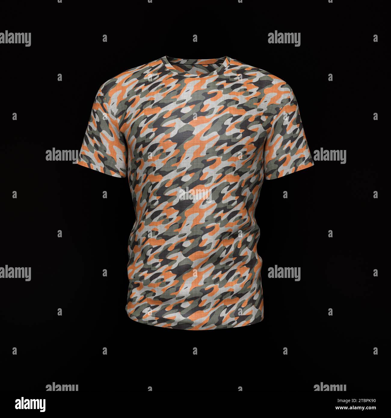 Actical Herren Camouflage-T-Shirt isoliert über schwarzem Hintergrund. Modell und Platz für Text- und Logounternehmen. Militärisches Konzept. 3D-Rendering Stockfoto