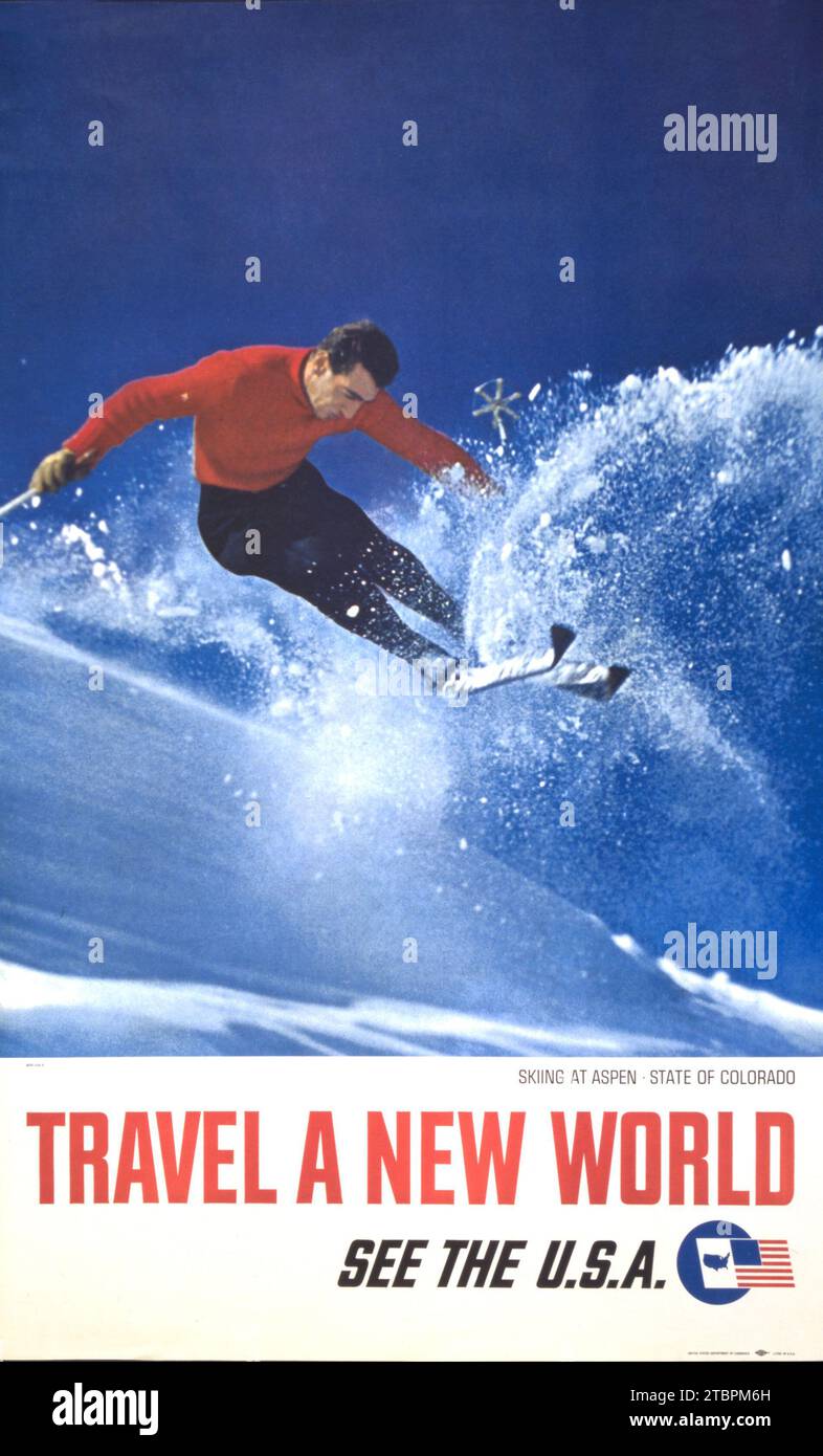 Skifahren in Aspen, Bundesstaat Colorado - Reisen Sie eine neue Welt - sehen Sie die USA - Wintersport - American Travel Poster, 1962 Stockfoto