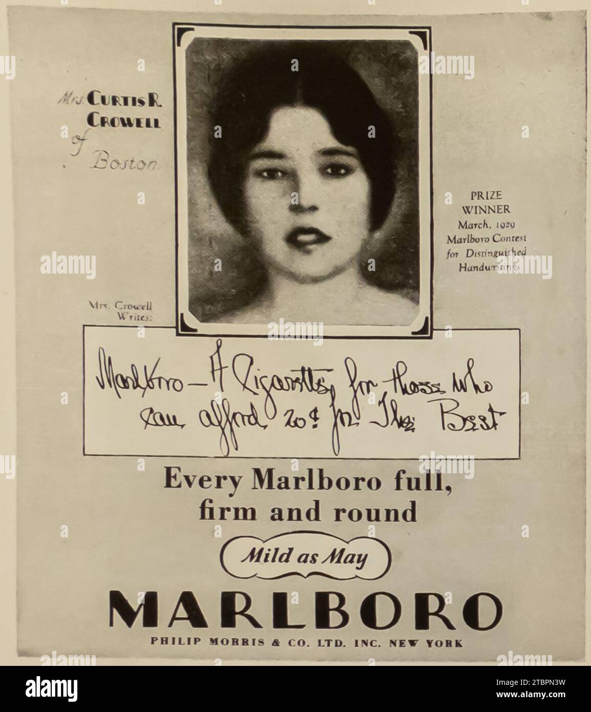 1929 Marlboro Ad. „Mild wie Mai.“ Mit Marlboro Wettbewerb für ausgezeichnete Handschrift Stockfoto