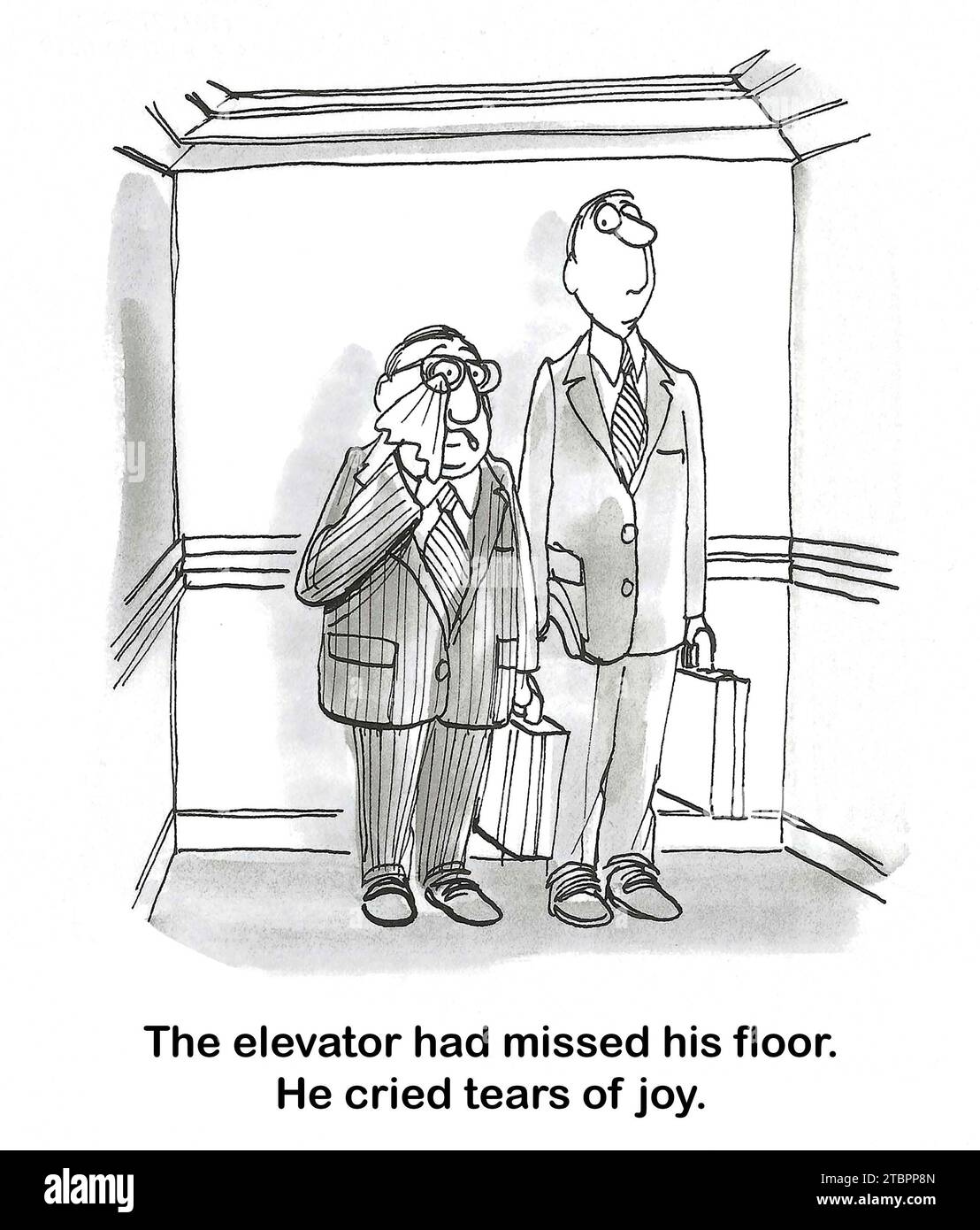 Schwarzweiß-Cartoon eines weinenden männlichen Profis - er hat Tränen vor Freude, weil der Aufzug seinen Arbeitsplatz verpasst hat. Stockfoto