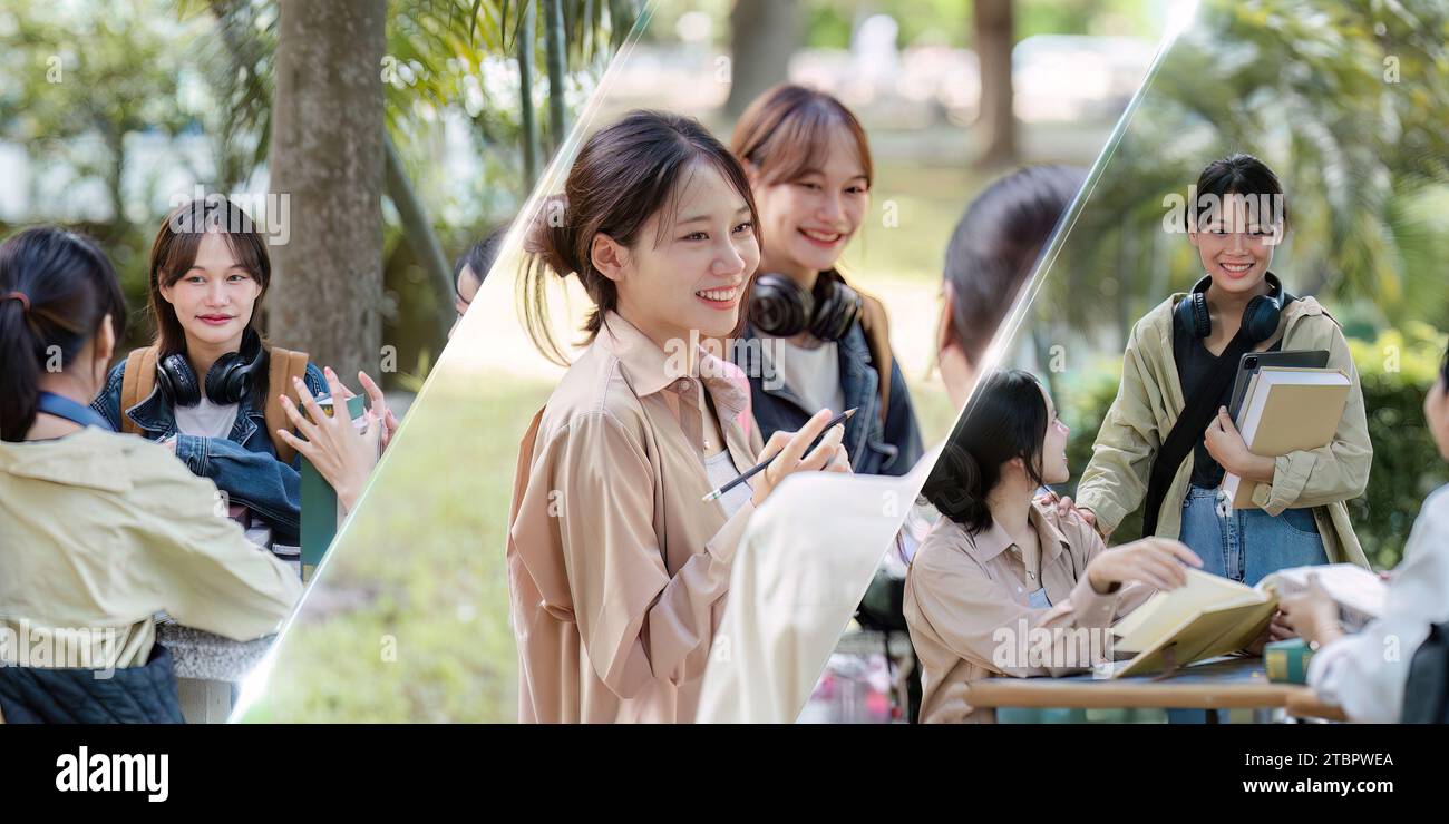 Eine Gruppe junger asiatischer Studenten, die vor dem Klassenzimmer an der Universität spazieren gehen und sich unterhalten. Bildung, wieder-zur-Schule-Konzept Stockfoto