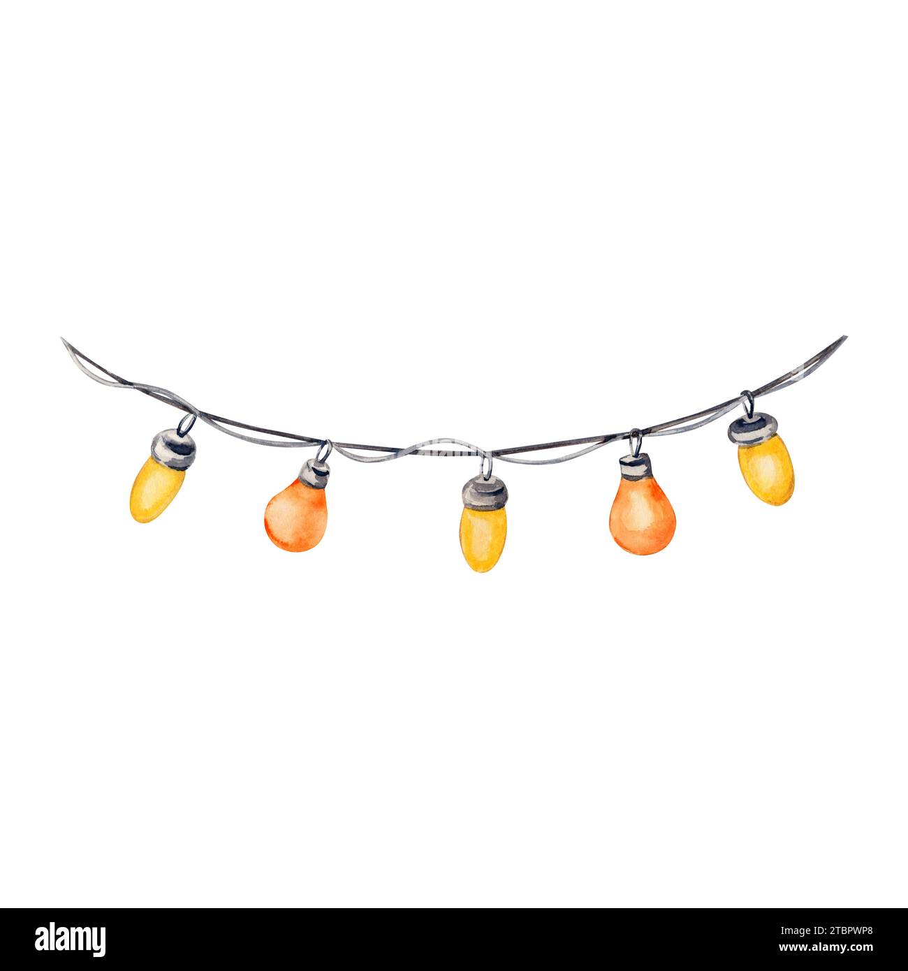 Festliche gelbe und orangene Glühbirnen an einer Schnur. Weihnachtsdekorationsleuchten. Dekorationselement für Geburtstagsfeier. Aquarellabbildung isoliert Stockfoto
