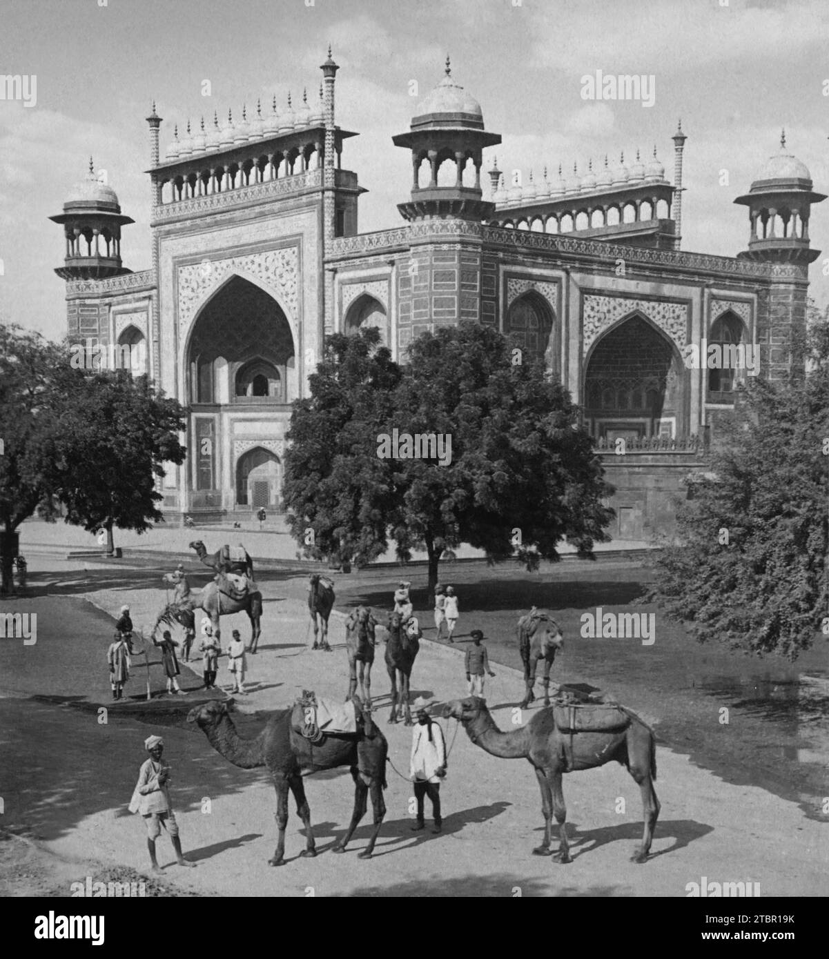 Kamelfahrer warten auf der südöstlichen Seite von Darwaza-i-Rauza (Tor) zum berühmten Taj Mahal, Agra, Indien. 1903. Von Underwood & Underwood. Stockfoto