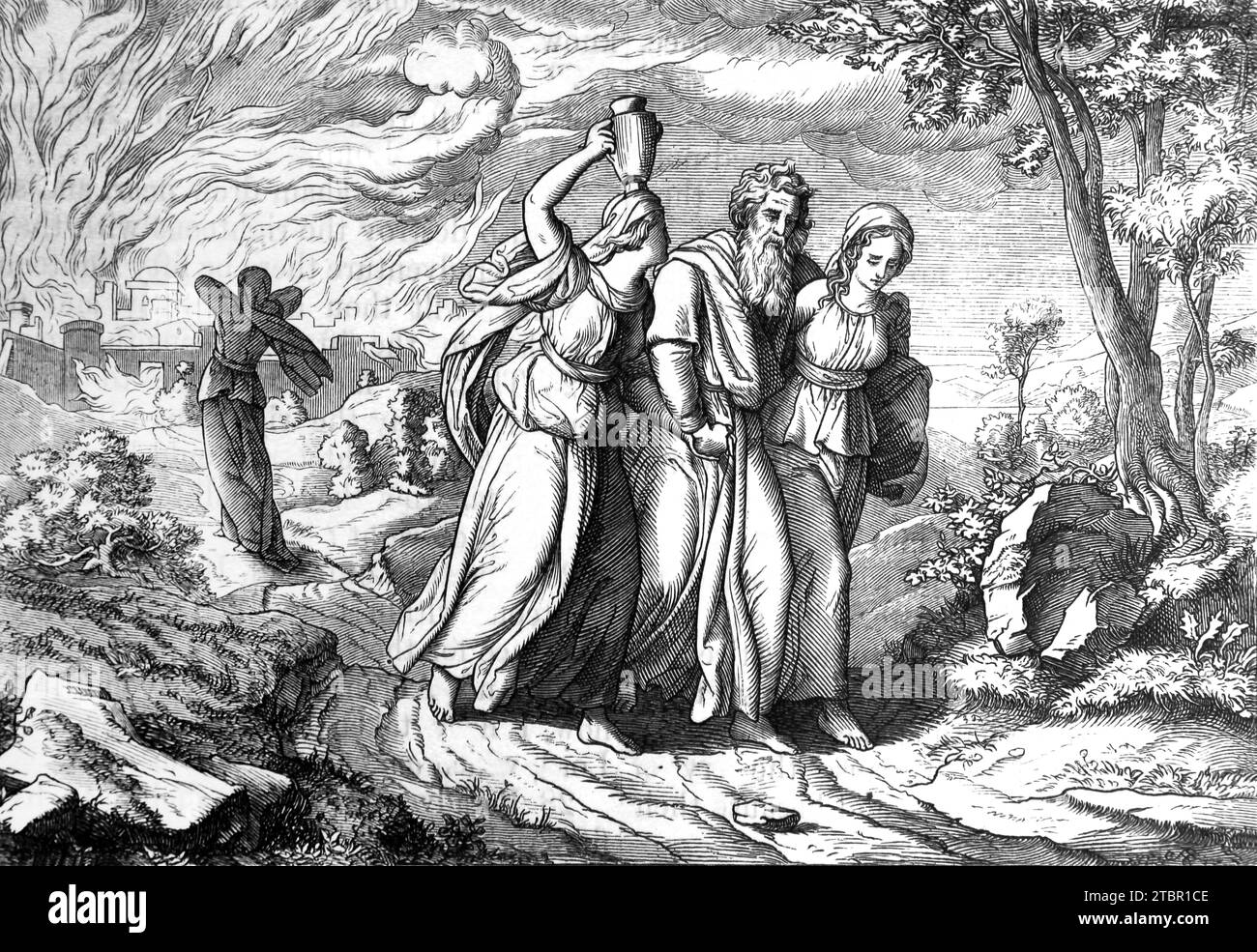 Illustration der Flucht von Lot und seiner Familie aus Sodom mit der Zerstörung von Sodom und Gomorra dahinter und seine Frau wurde in eine Säule von Sal verwandelt Stockfoto