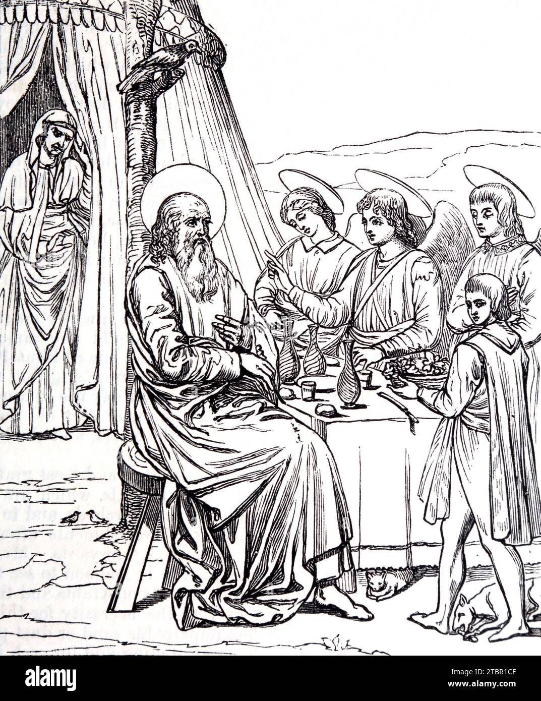 Abbildung von drei Engeln, die Abraham (Genesis) zeigen, begrüßten Abraham die Engel und unterhielten sie vor seinem Zelt, seine Frau Sarah im Inneren Stockfoto