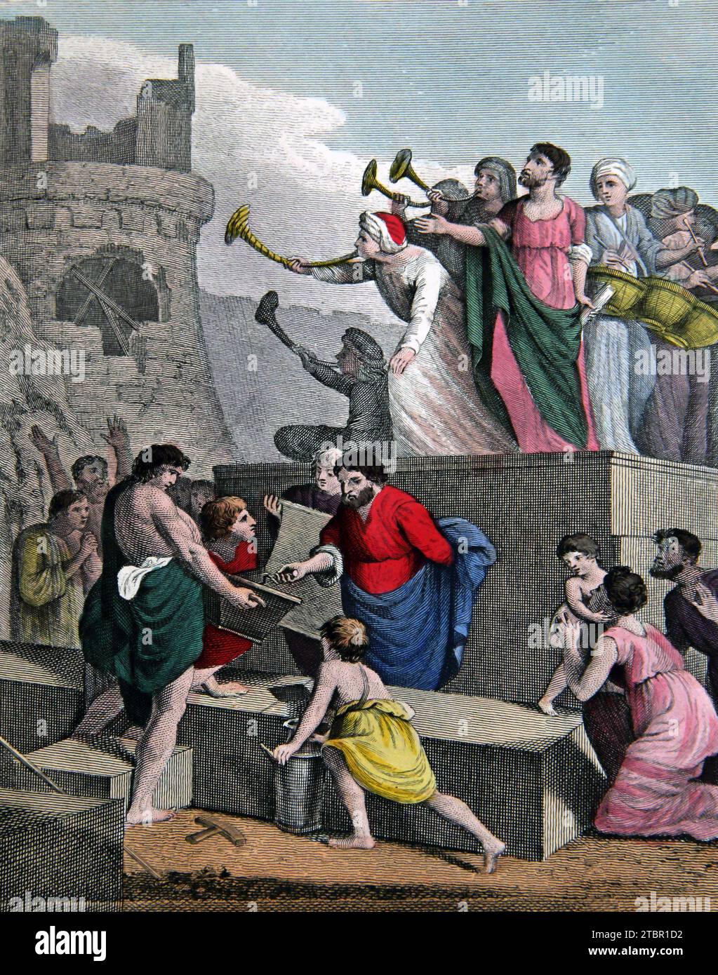 Illustration des Wiederaufbaus der Mauern Jerusalems (Nehemia) aus der selbstinterpretierenden Familienbibel Stockfoto