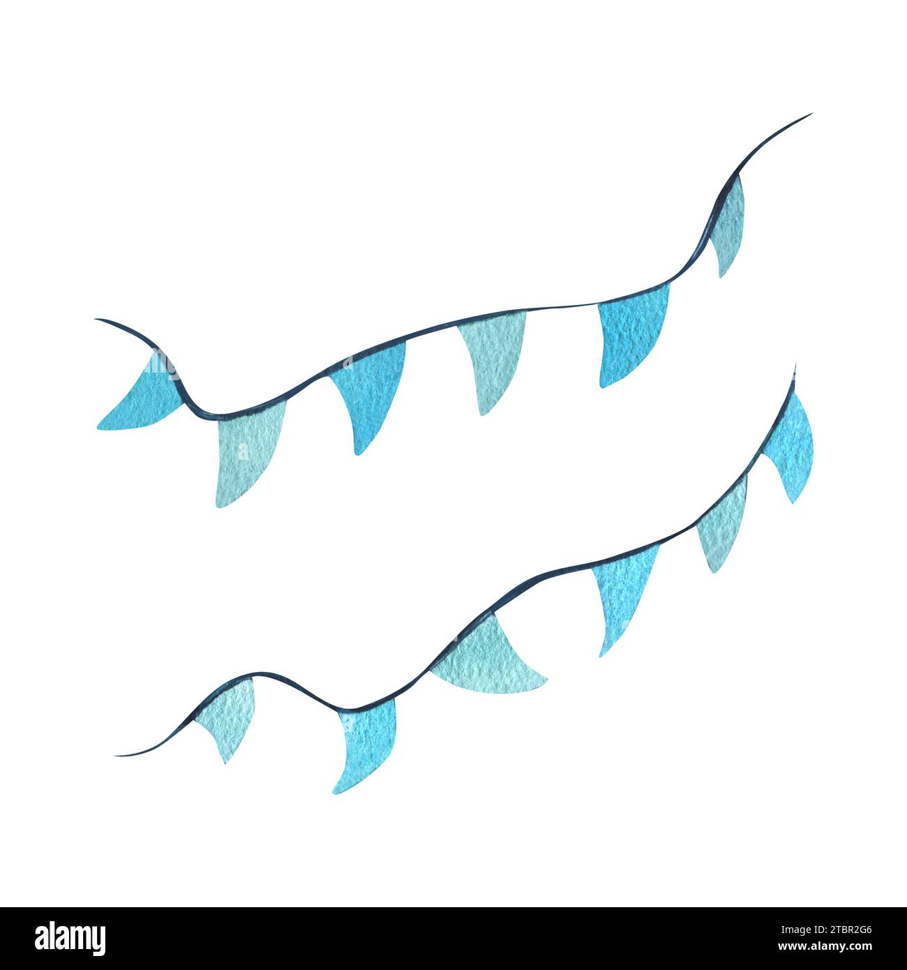 Girlanden mit Fahnen blau, türkis, dreieckig. Aquarellillustration handgezeichnet im Kinderstil. Set von isolierten Elementen auf einem weiß Stockfoto