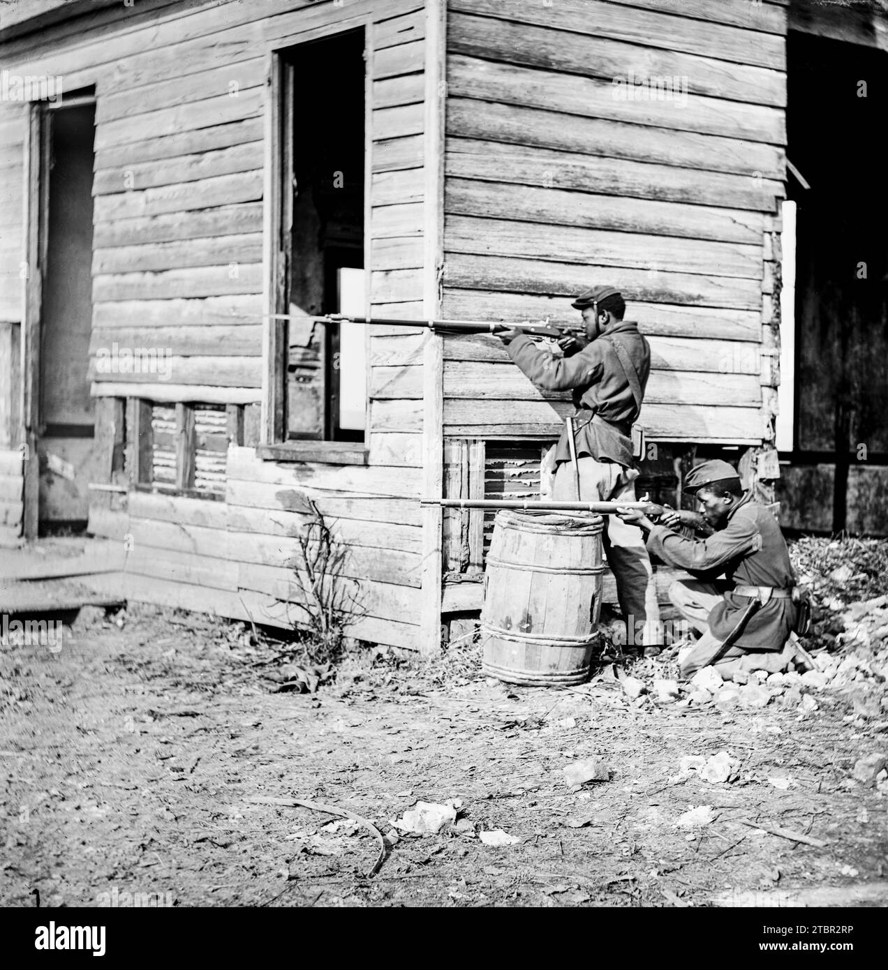 Dutch Gap, Virginia. Picket Station farbiger Truppen in der Nähe des Dutch Gap Kanals im Jahr 1864. Der Bau des Kanals wurde von den Unionstruppen während der initiiert Stockfoto