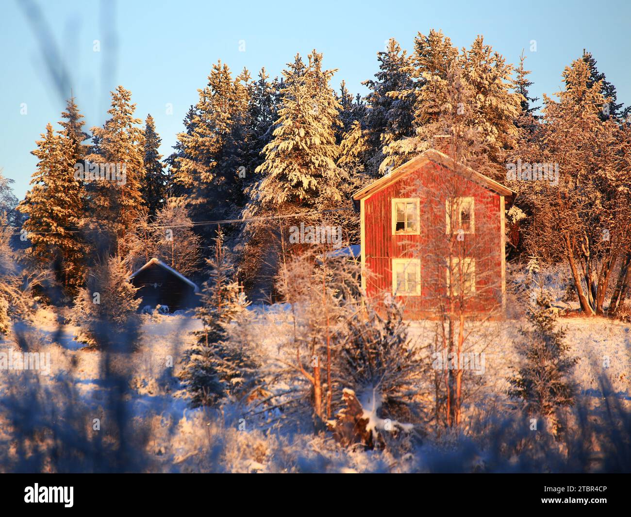 Alte ländliche Bauernhäuser in Nordschweden während des Winteruntergangs. Stockfoto