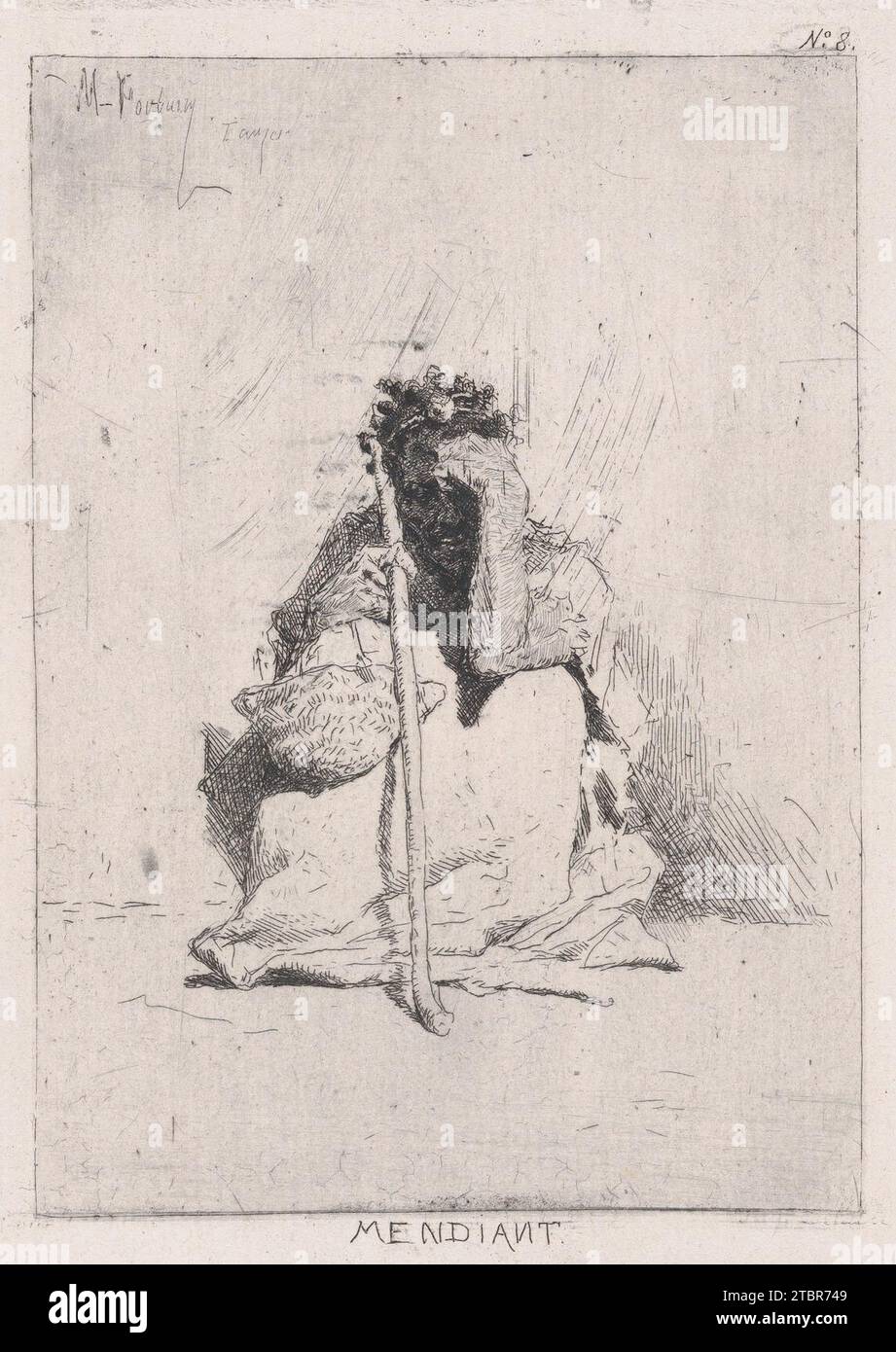 Ein Bettler, der auf dem Boden sitzt und einen Stock 1919 von Mariano Fortuny, 18381874, hält Stockfoto