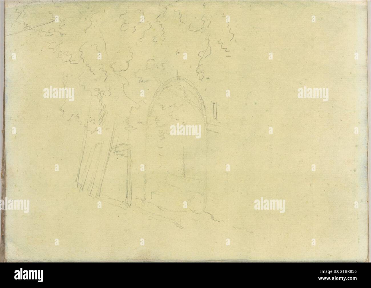 Bäume neben einer bogenförmigen Öffnung mit Stufen (kleineres italienisches Skizzenbuch, Blatt 17 Recto) 1957 von Joseph Wright (Wright of Derby) Stockfoto