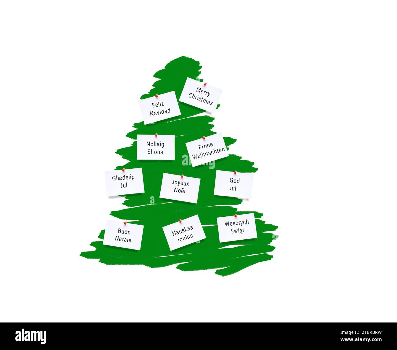 Weihnachtswünsche in verschiedenen Sprachen auf einem Notizblock Stockfoto