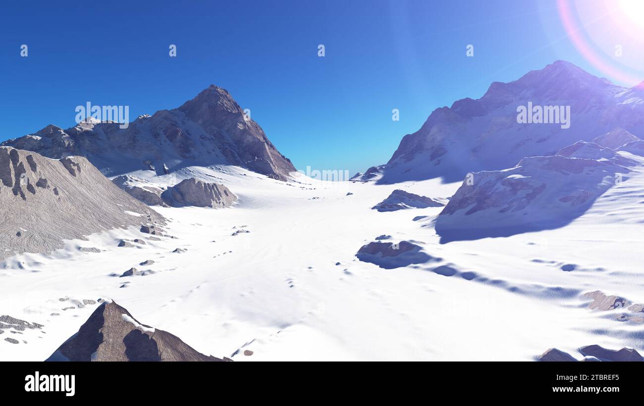 Mountain Snow Sun Ray Illustration, 3d Rendering Stockfoto