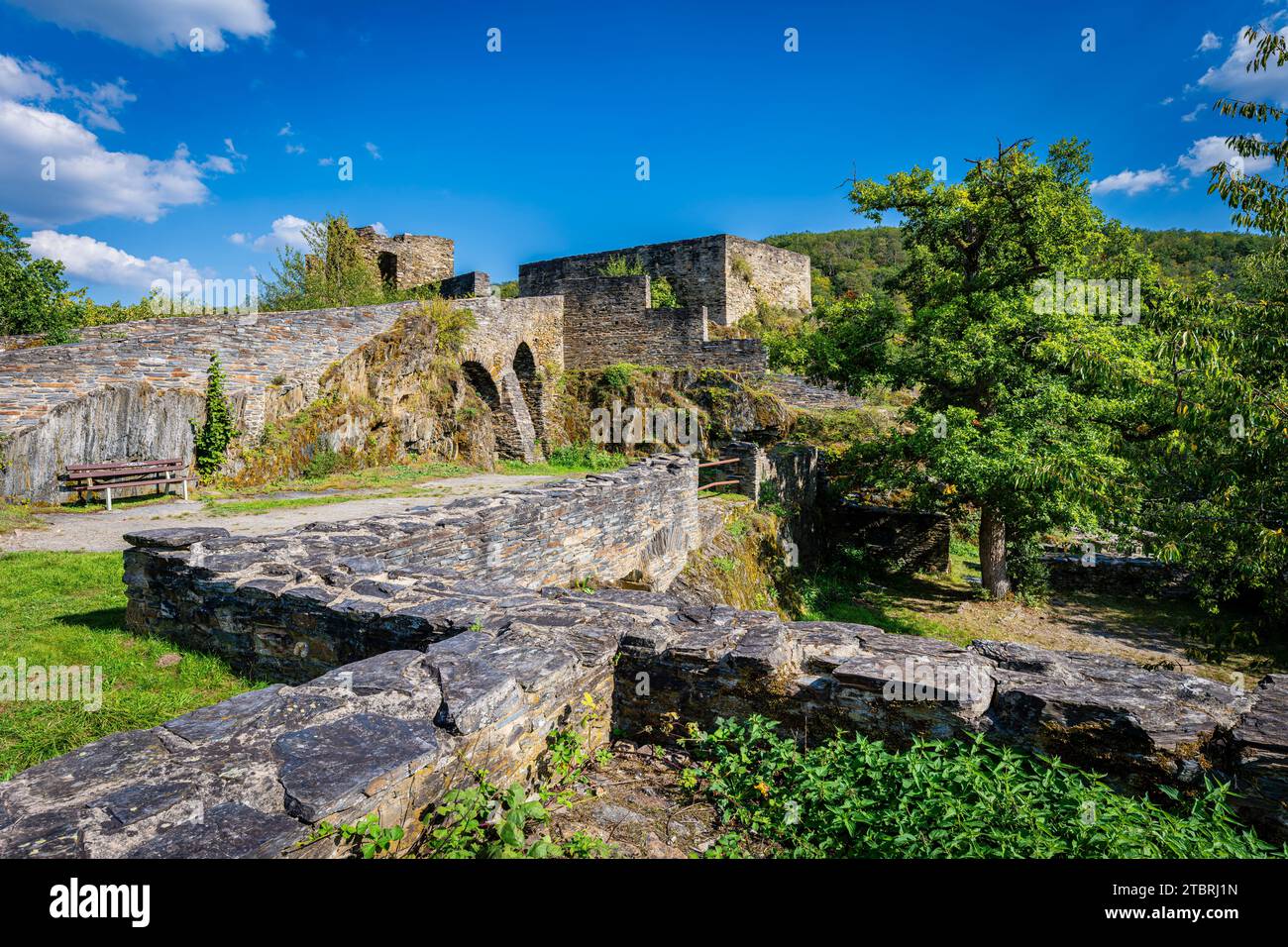 Schmidtburg im Hunsrück bei Bundenbach im Hahnenbachtal, eine Hügelburg der Wildgrafen und Erzbischof Balduin von Trier, hier Teile der unteren Burg Stockfoto