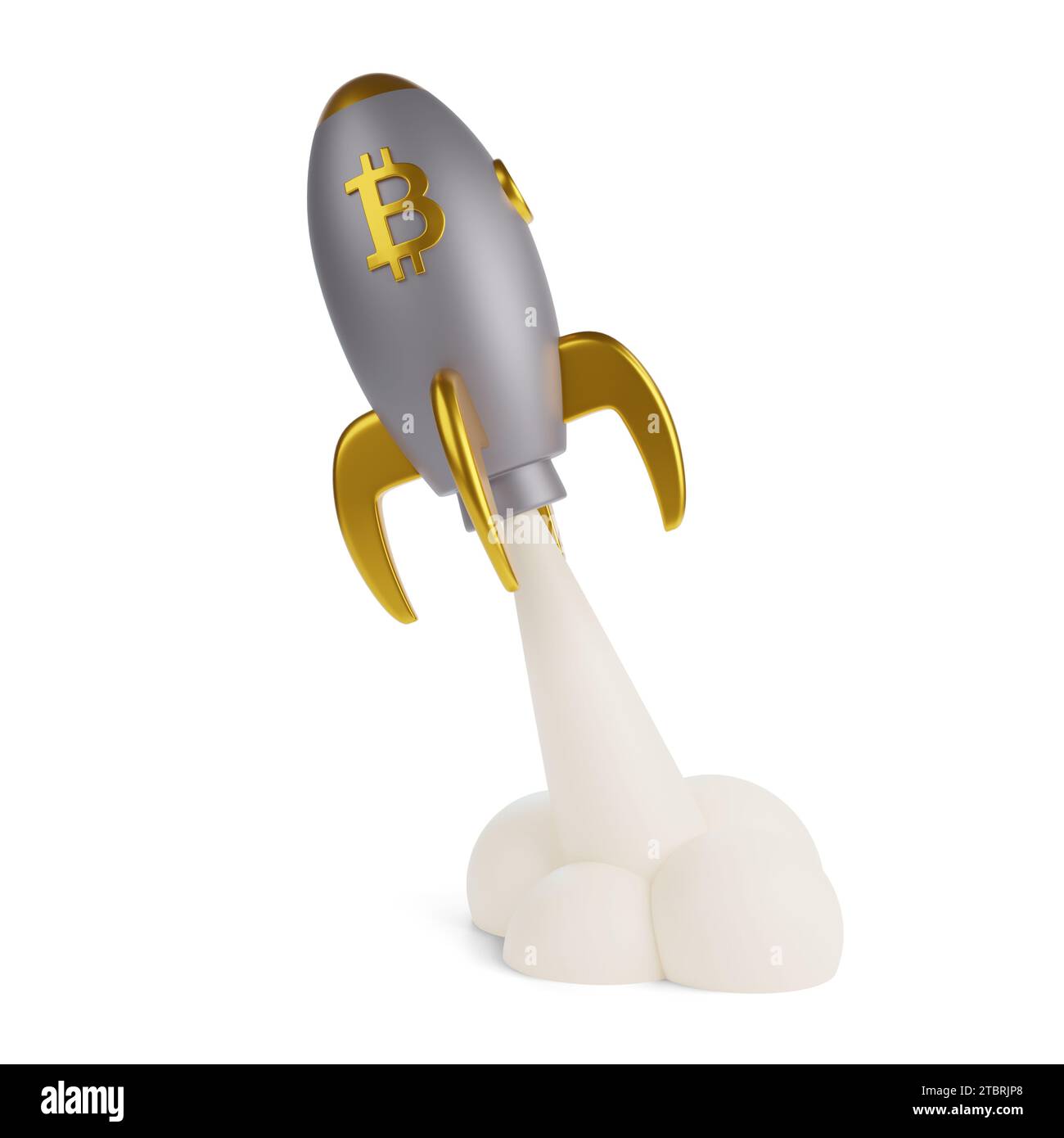 Cartoon-Raumflugzeug mit Bitcoin-Schild, das isoliert auf weißem Hintergrund abhebt. 3D-Abbildung. Stockfoto