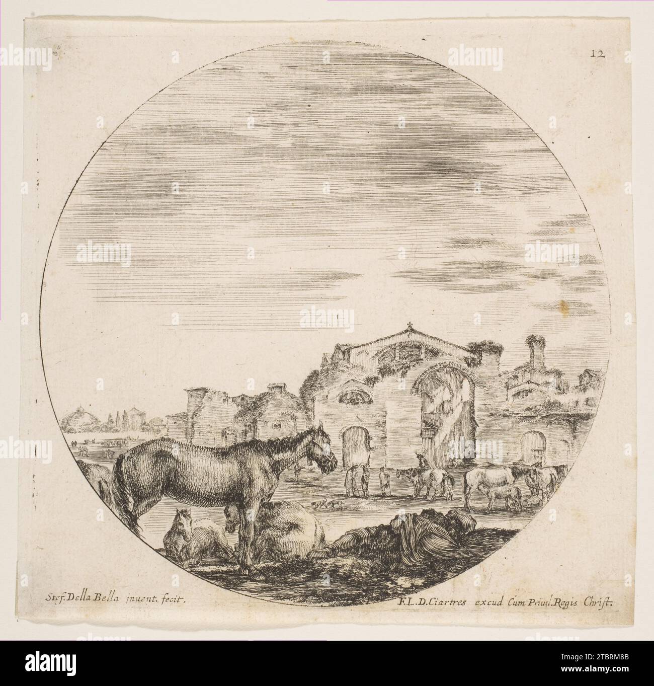 Rechts schläft ein Hirte auf dem Boden, links drei Pferde, rechts andere Pferde und verschiedene Figuren, im Hintergrund die Diokletianbäder, Platte 12 aus „römischen Landschaften und Ruinen“ (Paysages et ruines de Rome) 1917 von Stefano della Bella Stockfoto