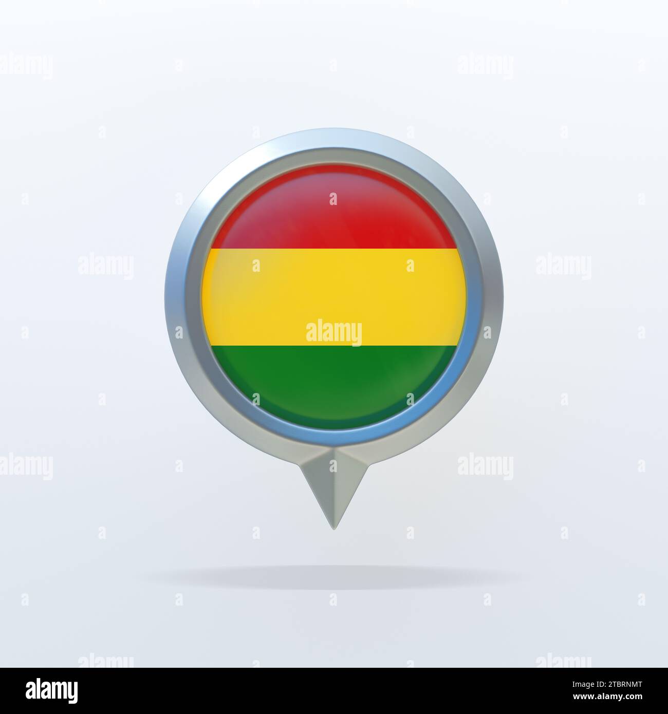 Metallsymbol der bolivianischen Nationalflagge mit Standortanzeige. Auf weißem Hintergrund mit Schatten. 3D-Rendering. Stockfoto