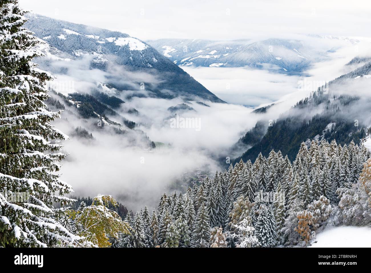 Landschaft, Schneefall im Dorf San Pancrazio, Europa, Italien, Trentino Südtirol, Provinz Bozen, San Pancrazio Stockfoto