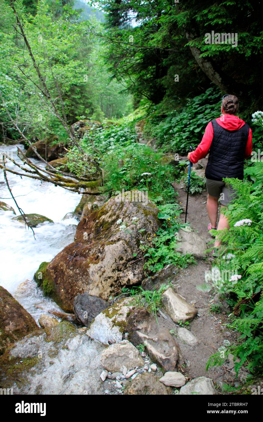 Frau wandert auf einem Wanderweg entlang der Lizum zur Außermelang-Alm. Wattens, Walchen, Tirol, Österreich, Europa Stockfoto