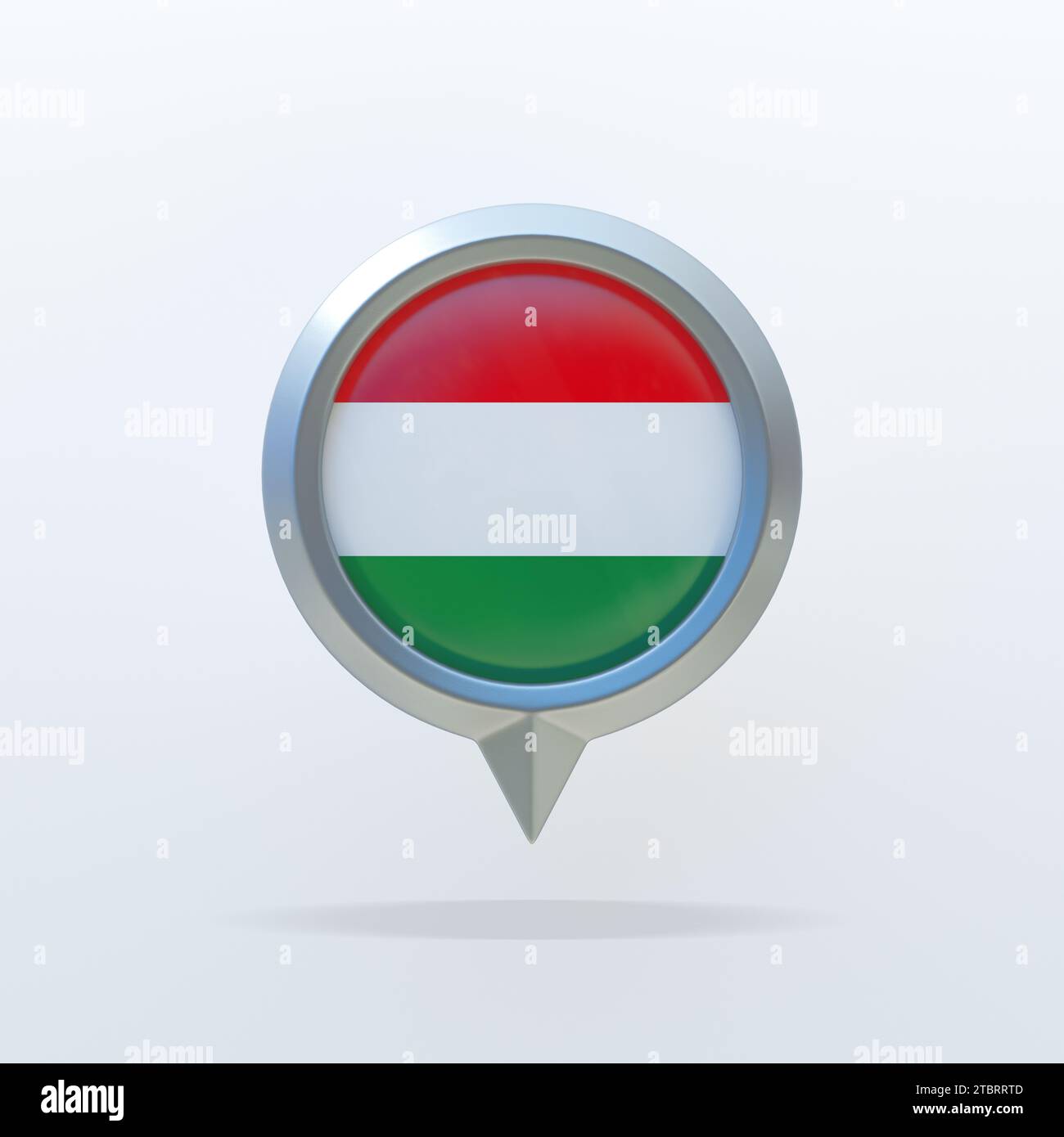 Metallsymbol der Nationalflagge Ungarns mit Standortanzeige. Auf weißem Hintergrund mit Schatten. 3D-Rendering. Stockfoto