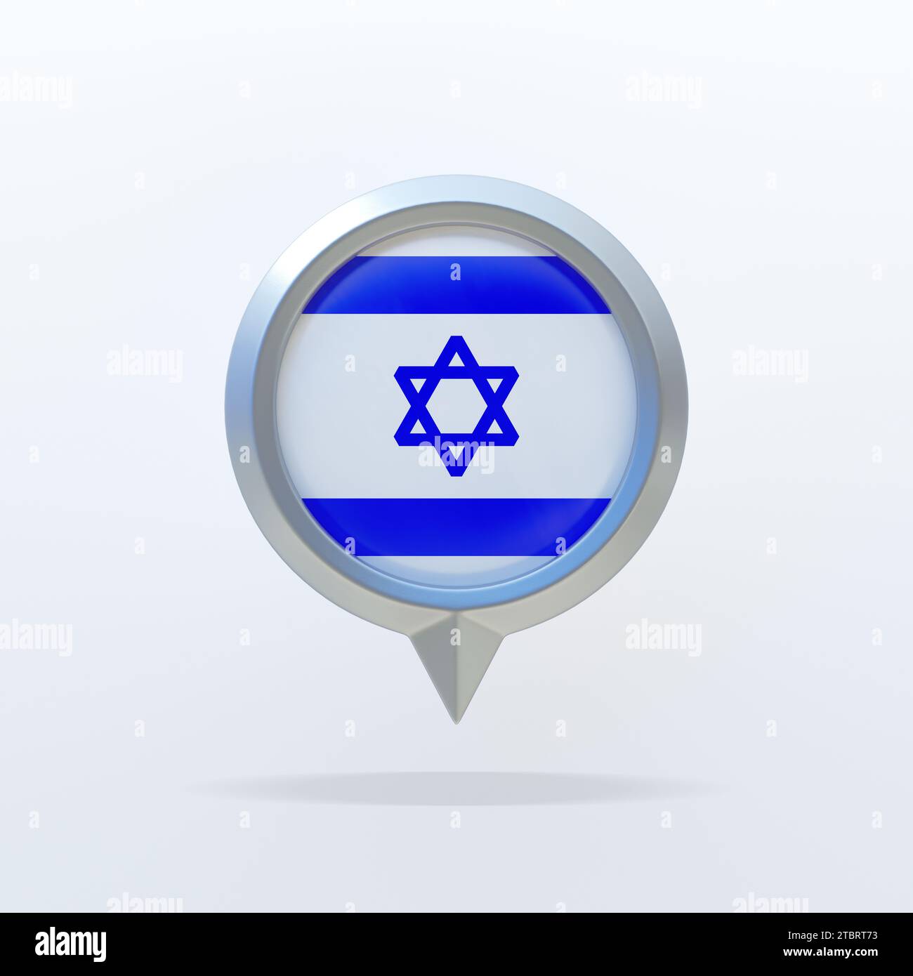 Metallsymbol der Nationalflagge Israels mit Standortanzeige. Auf weißem Hintergrund mit Schatten. 3D-Rendering. Stockfoto