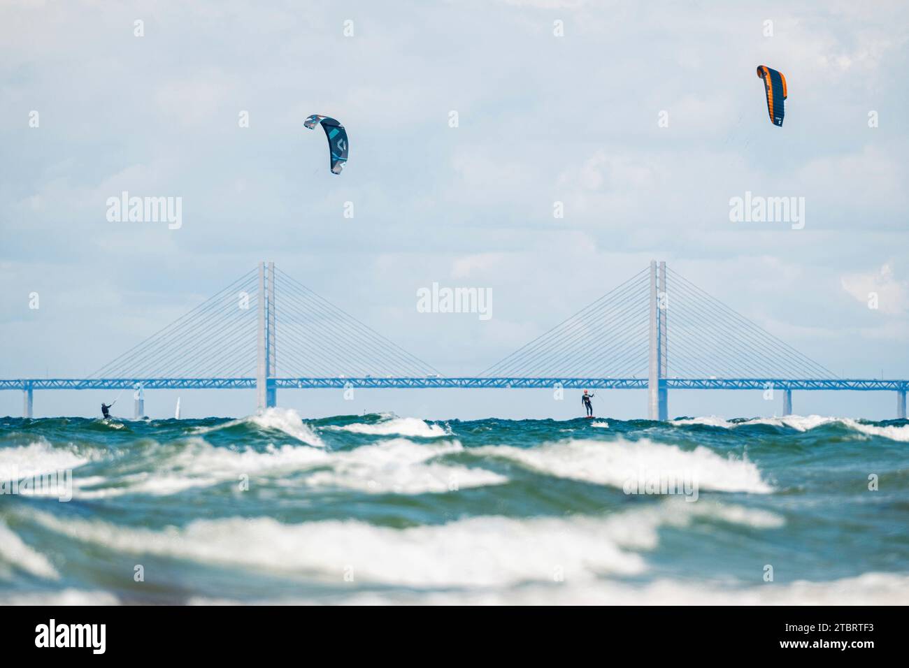 Kiter vor der Öresundbrücke, Falsterbo, Schweden Stockfoto