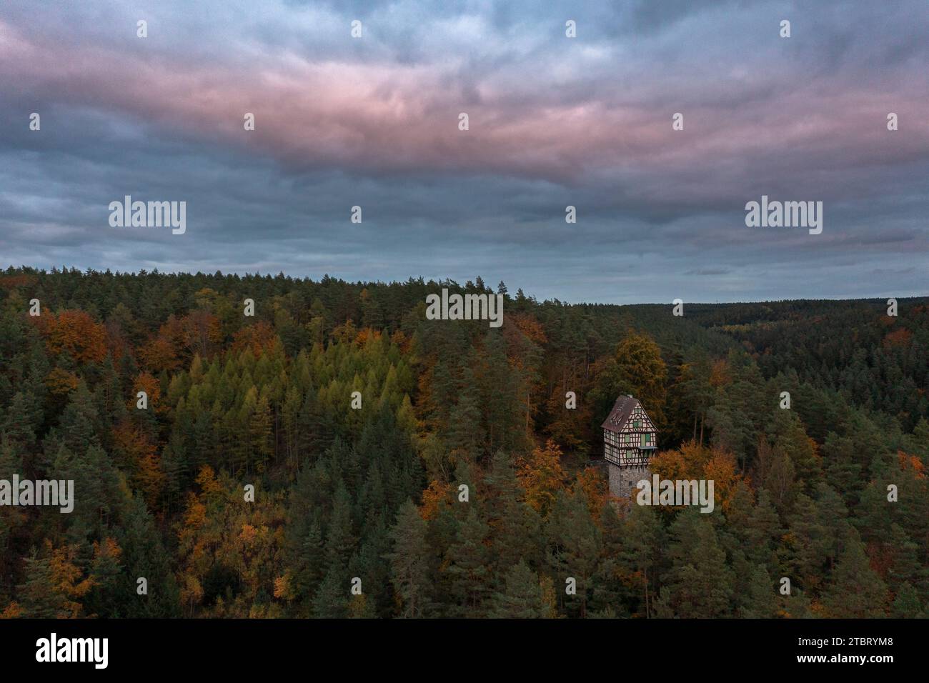 Mitten im Rieseneckwald, in der Nähe des Jagdreviers, ragt aus den Baumkronen ein ganz besonderes Gebäude. Die turmartige Form des Herzogstuhls macht ihn zu einem äußerst attraktiven Wanderziel. Stockfoto