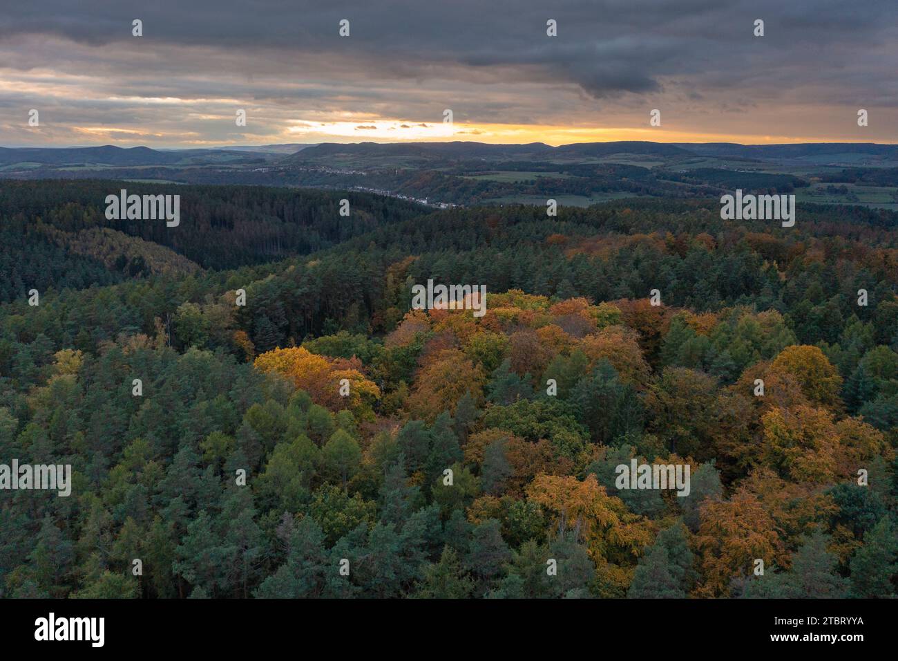 Mitten im Rieseneckwald, in der Nähe des Jagdreviers, ragt aus den Baumkronen ein ganz besonderes Gebäude. Die turmartige Form des Herzogstuhls macht ihn zu einem äußerst interessanten Wanderziel. Stockfoto