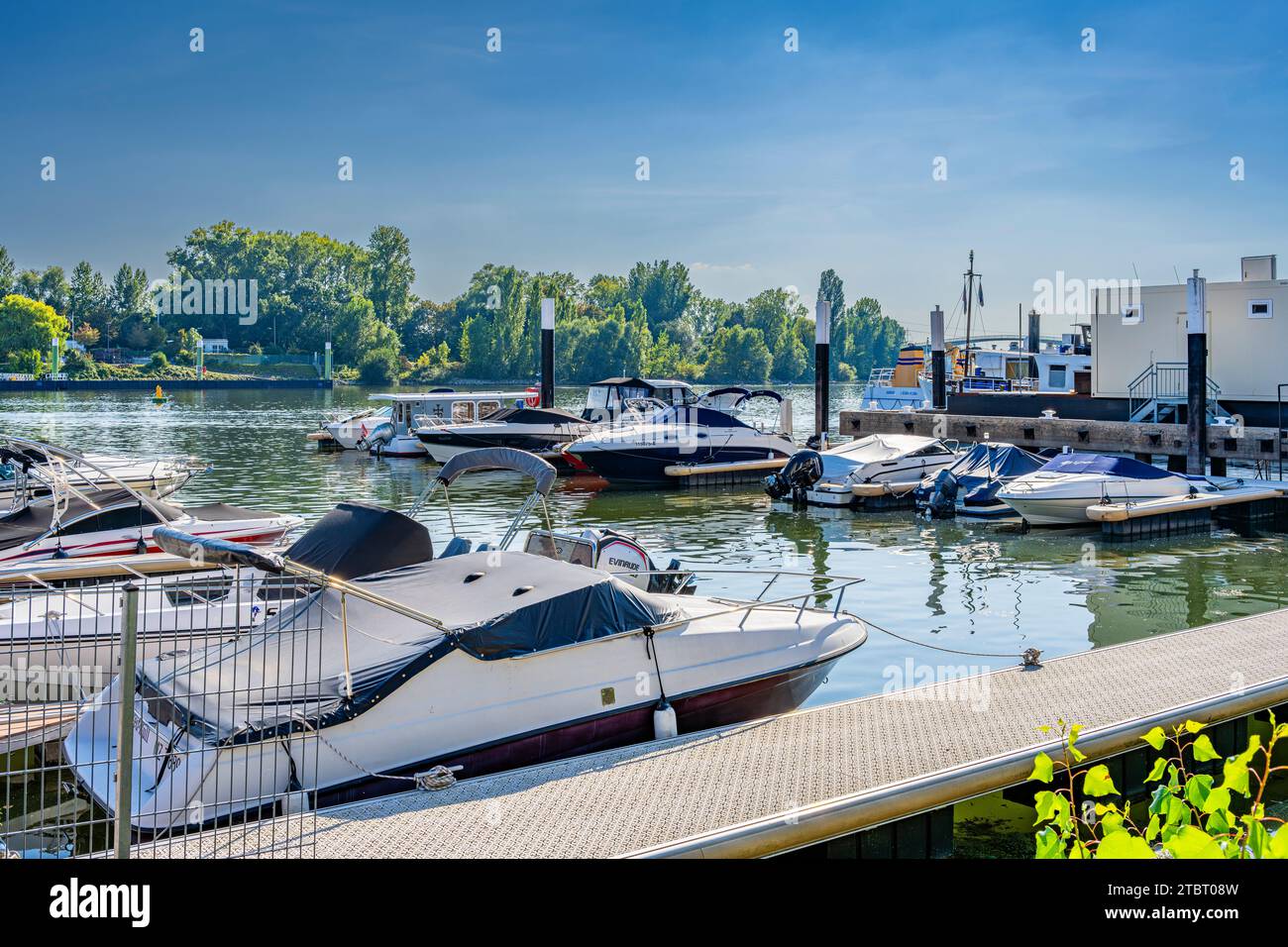 Deutschland, Hessen, Wiesbaden - Schierstein, Schiersteiner Hafen, Naherholungsgebiet mit Hafenanlagen, Uferpromenade, Gasthöfe und Fischrestaurants, auch bekannt als Schiersteiner Riviera, Bootsankerplätze für Motorboote und Segelboote Stockfoto