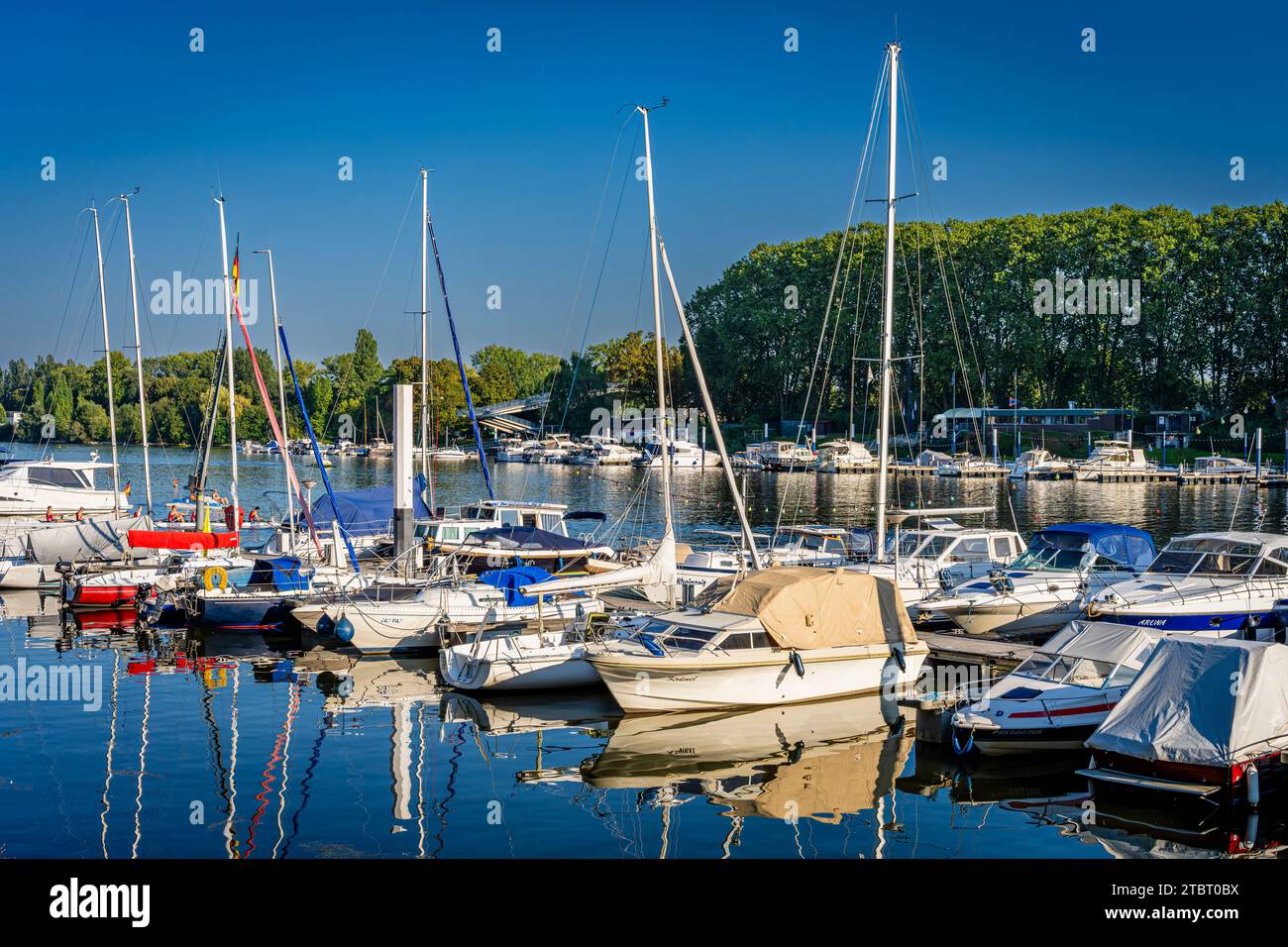Deutschland, Hessen, Wiesbaden - Schierstein, Schiersteiner Hafen, Naherholungsgebiet mit Hafenanlagen, Uferpromenade, Gasthöfe und Fischrestaurants, auch bekannt als Schiersteiner Riviera, Bootsankerplätze für Motorboote und Segelboote Stockfoto