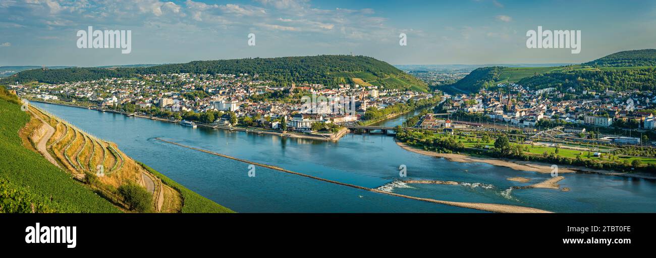 Deutschland, Hessen, Blick vom Schloss Ehrenfels zum Binger Loch, dahinter Bingen und Bingerbrück, hier beginnt das Mittelrheintal Stockfoto