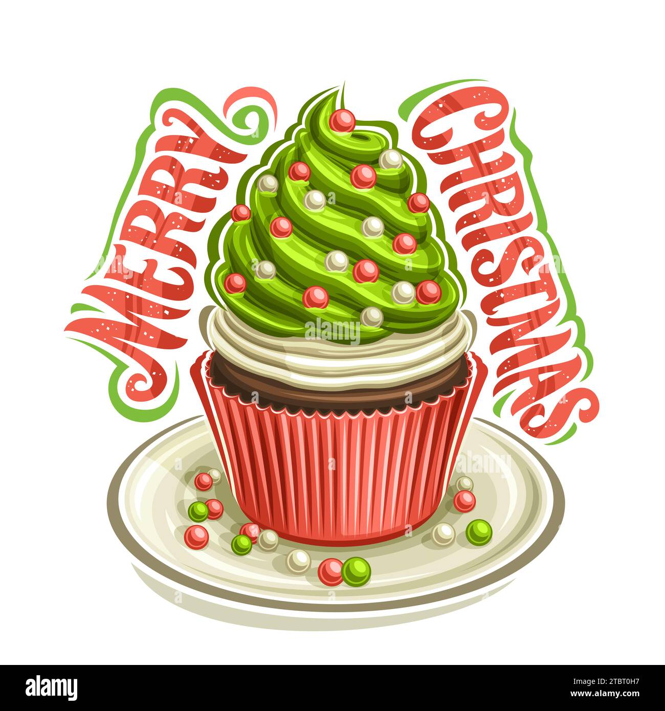 Vektor-Logo für Weihnachts-Cupcake, quadratisches Poster mit Illustration des hausgemachten Cupcake verpackt in rosa Anzug mit verdrehter Creme verzierte weihnachtskugel Stock Vektor