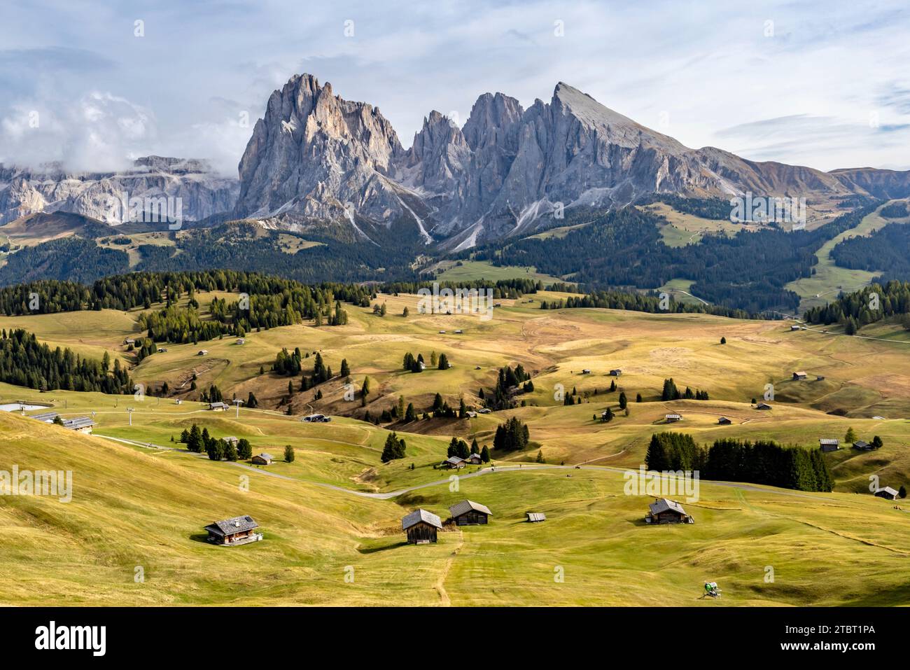 Die Seiser Alm im Herbst mit Blick auf den Langkofel Stockfoto