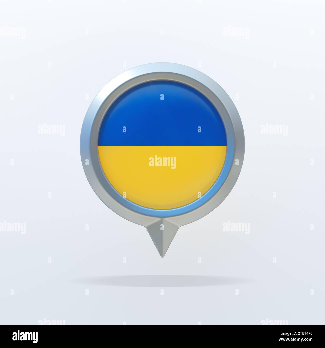 Metallsymbol der Nationalflagge der Ukraine mit Standortanzeige. Auf weißem Hintergrund mit Schatten. 3D-Rendering. Stockfoto