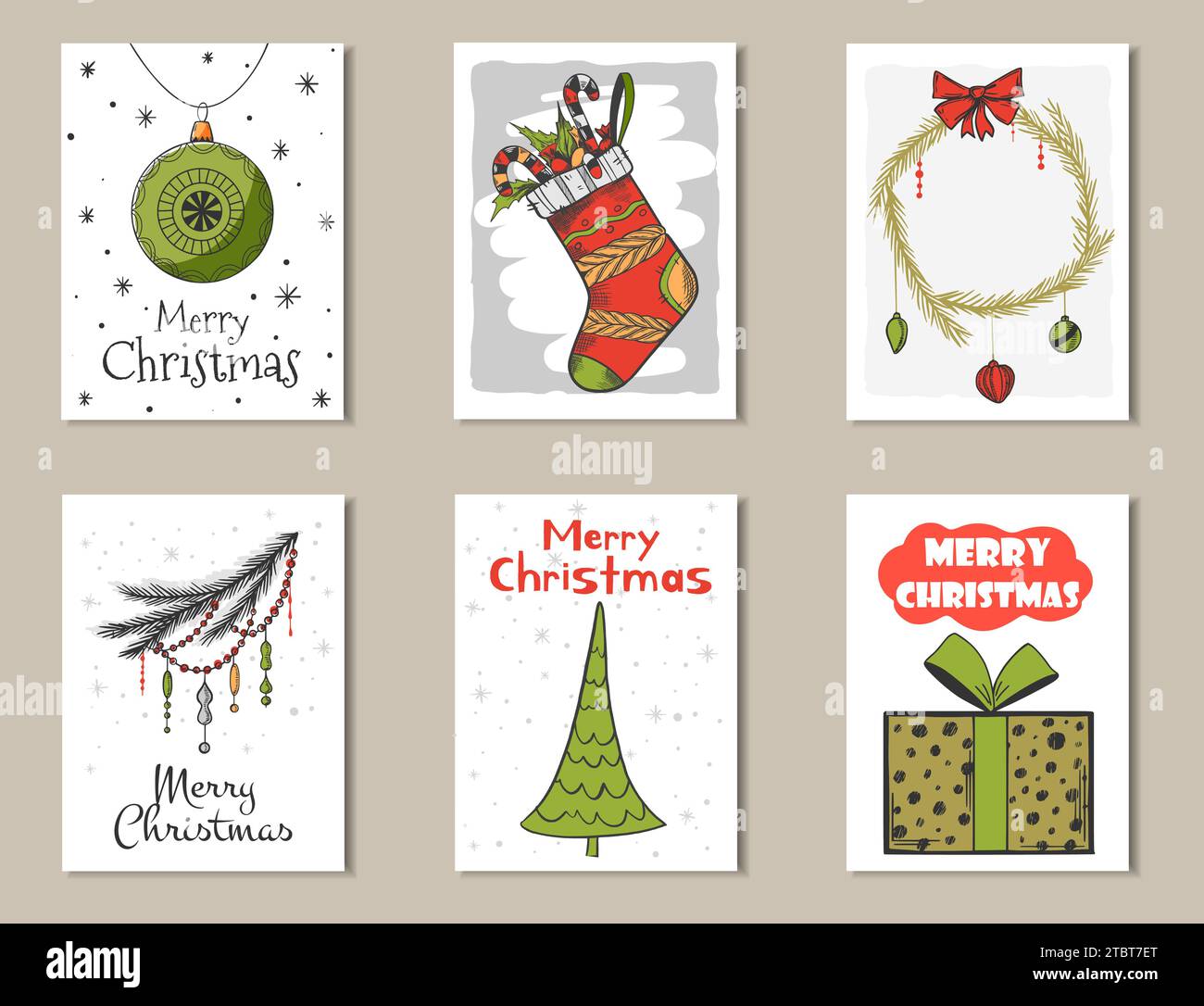 Handgezeichnetes Weihnachtskartenset. Illustration des Kritzelvektors. Stock Vektor