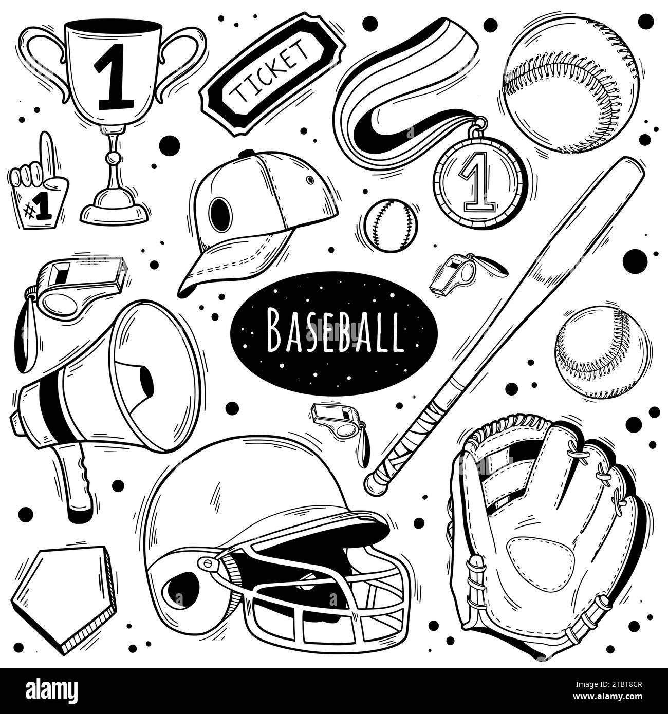 Baseball-Doodle-Set. Spezialausrüstung, Spielerbekleidung, Feld, Ball, Handschuh. Handgezeichnete Vektorillustration isoliert über weißem Hintergrund. Stock Vektor