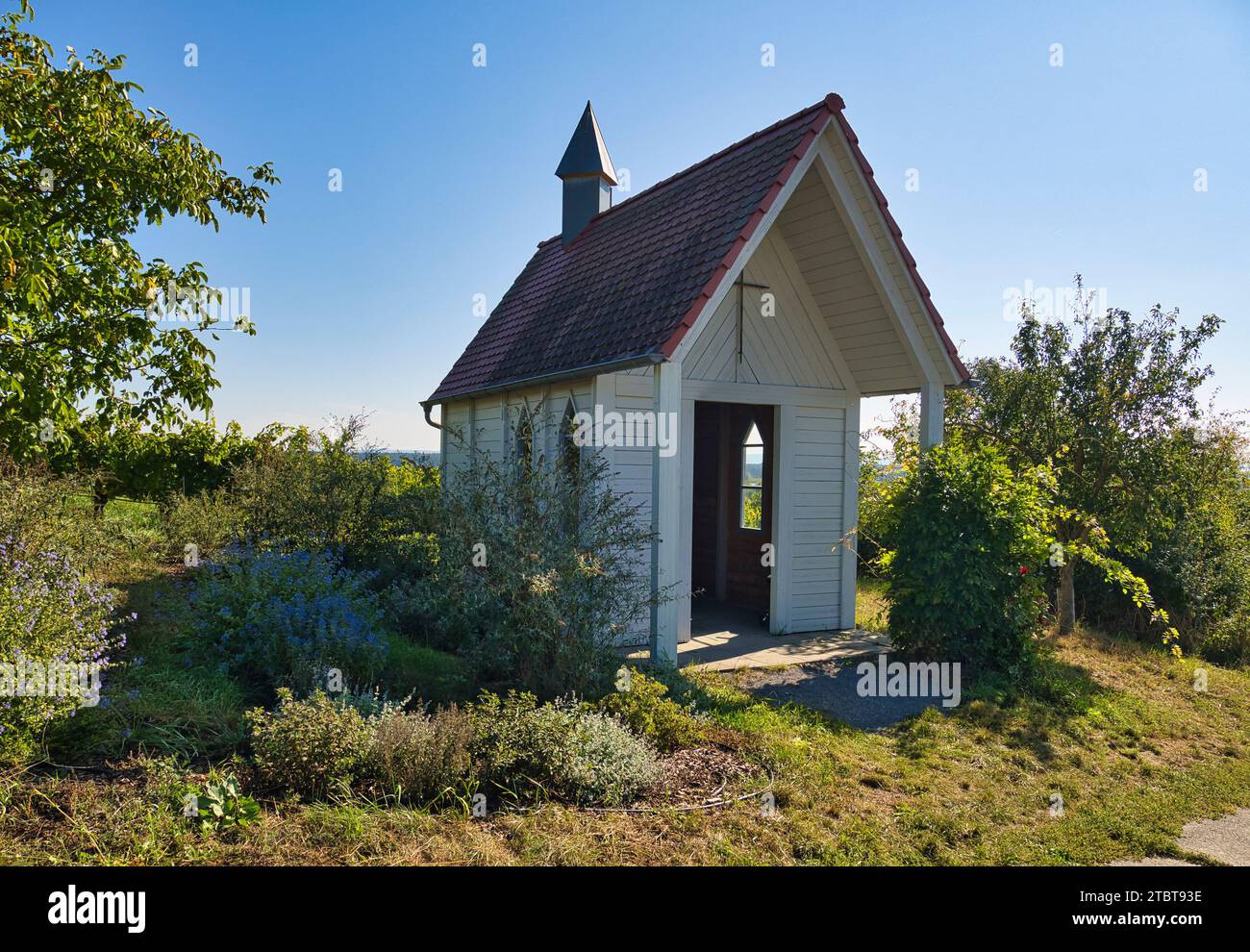 Kleine Kapelle in den Weinbergen auf der Weininsel bei Sommerach auf der Vokacher Mainschleife, Landkreis Kitzingen, Unterfranken, Franken, Bayern, Deutschland Stockfoto